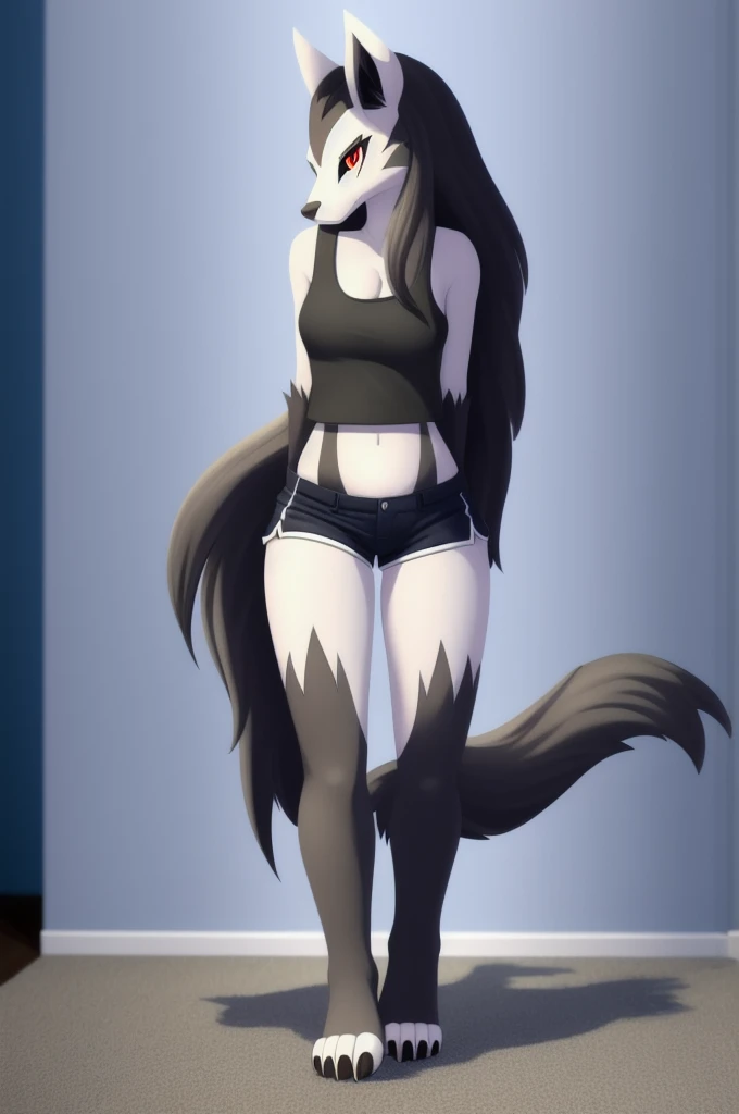 Solo, score_9,score_8_up,score_7_up, kemono style,  a young nerdy Anthro furry wolf woman, wolf snout, white furry body, tall, long black messy hair, black hair, hair in a pony tail, hair covering one eye, white wolf tail, blue eyes, white wolf ears, white wolf tail, small breasts, black bra, black thong,  black glasses, standing, barefoot, plantigrade,  feet paws, four toes, 
