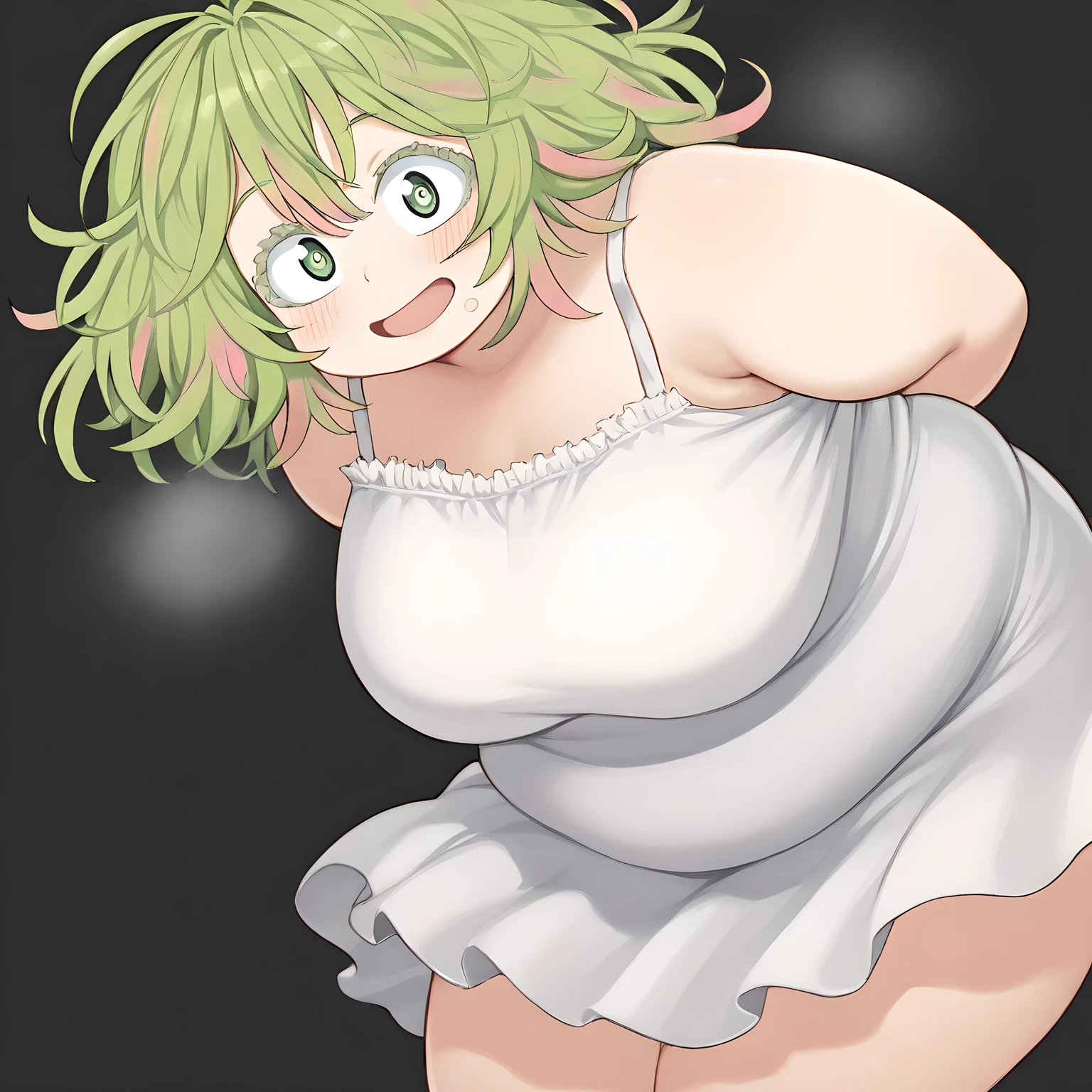 Resolution, imagination, (Photorealistic), (1Girl:1.4), (HDR:1.5), intriciate detail, 1 belly button, Mesugaki face, (Fat belly fat:1.5), (Bigger belly fat:1.3), Medium Tits, (Green Eyes:1.3), (Green short hair:1.5), sleeveless, Crop Tea, wristband, Tight-fitting jeans, Pregnancy belly fat, she has a jiggly fat round belly, Her belly is fat and round, Fat woman, pregnant, café, Drink tea, Sitting on a chair, artwork: Kipteitei, beautiful light