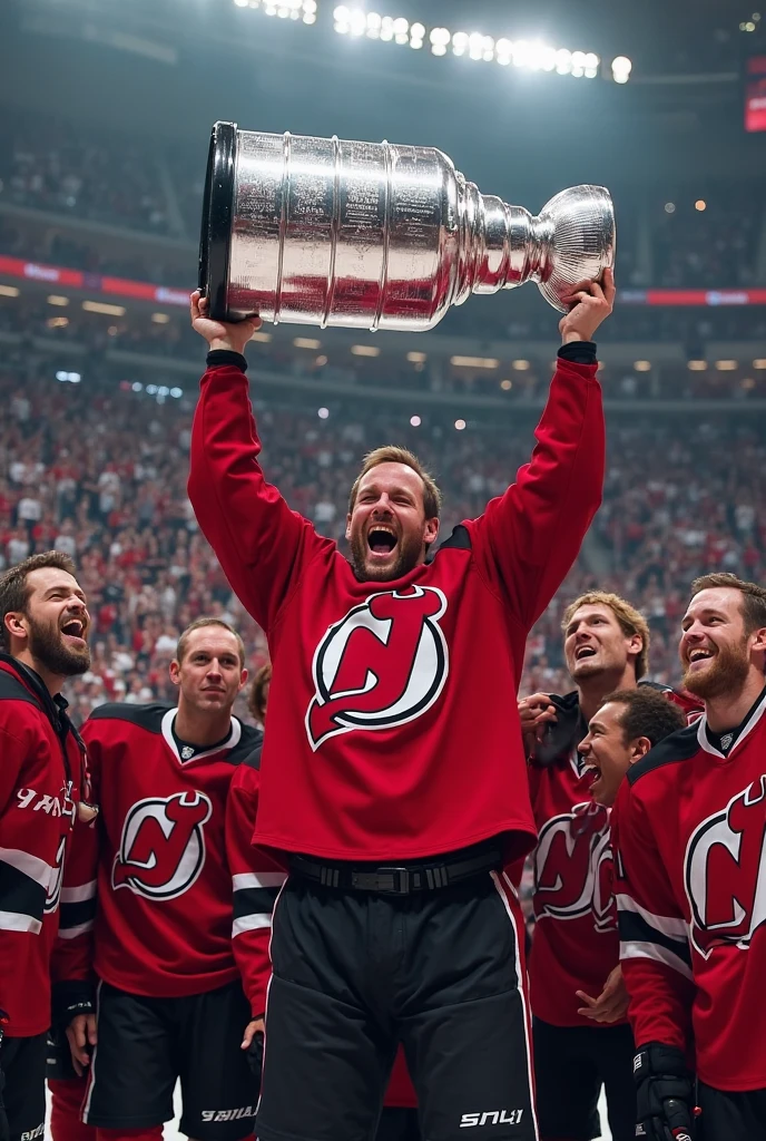 Boy lifting the Stanley cup trophy