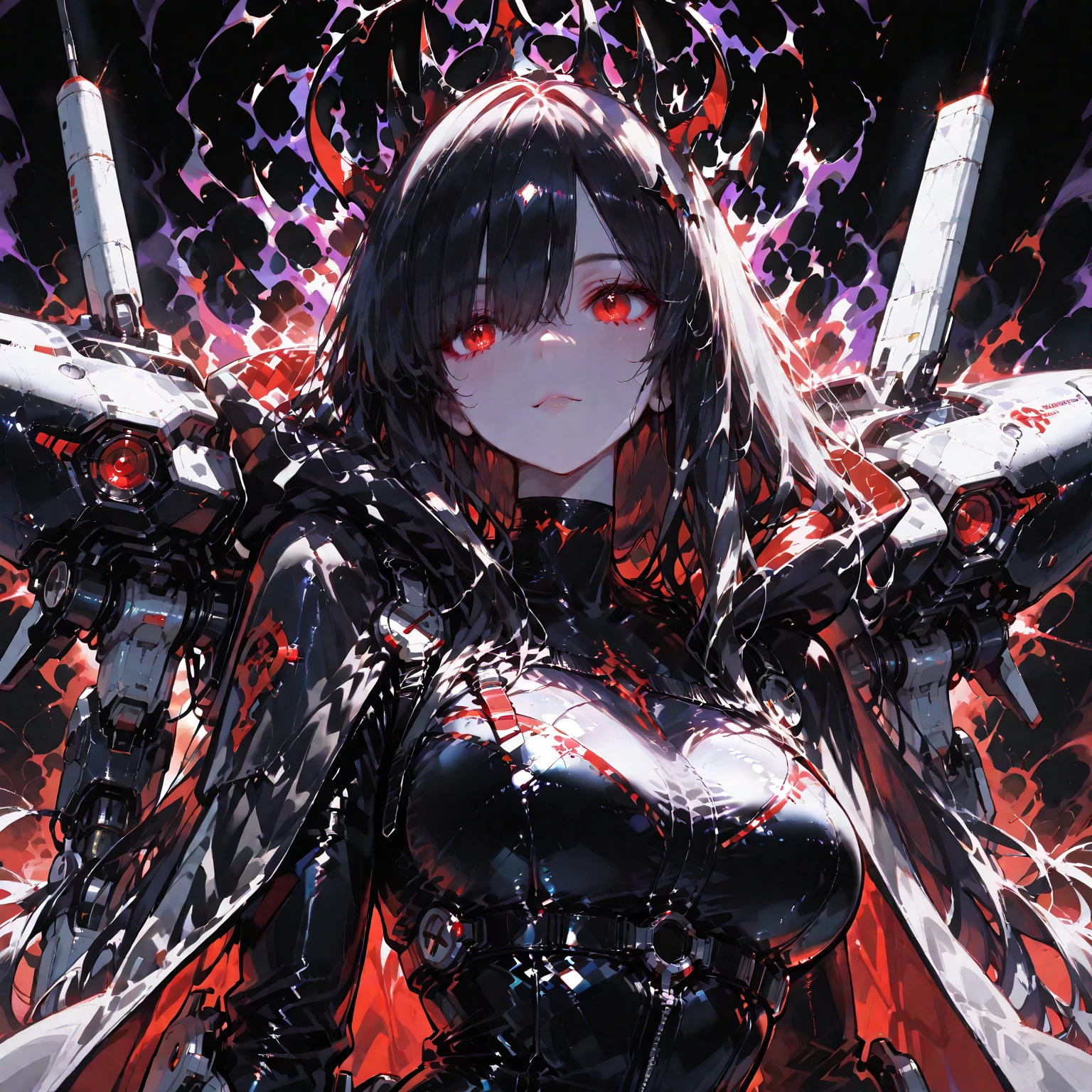 anime girl with black hair and purple eyes holding a sword and gun, cyborg - girl with black hair, sci fi, angry, evil, wearing battle mask, full armor, sit on the chair, the place dark.