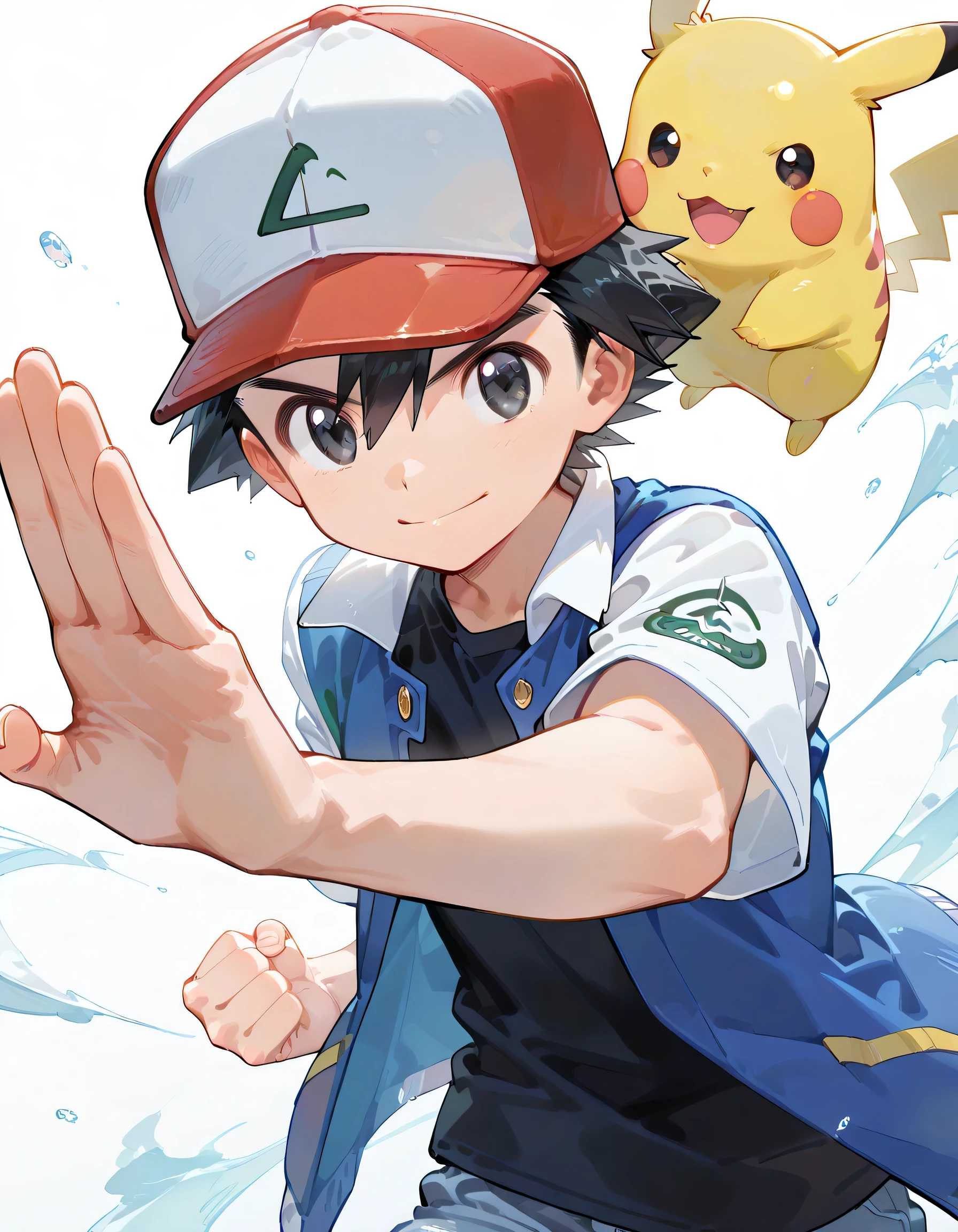 masterpiece, best quality,(dynamic angle,dynamic fighting stance), ashpk, 1boy, male focus, solo, black eyes, black hair, hair between eyes, hat, baseball cap, shirt, black shirt, multicolored clothes, multicolored jacket, jacket, blue jacket, white jacket, open jacket, open clothes, short sleeves, pokemon (creature), pokemon on shoulder, smile,white background,