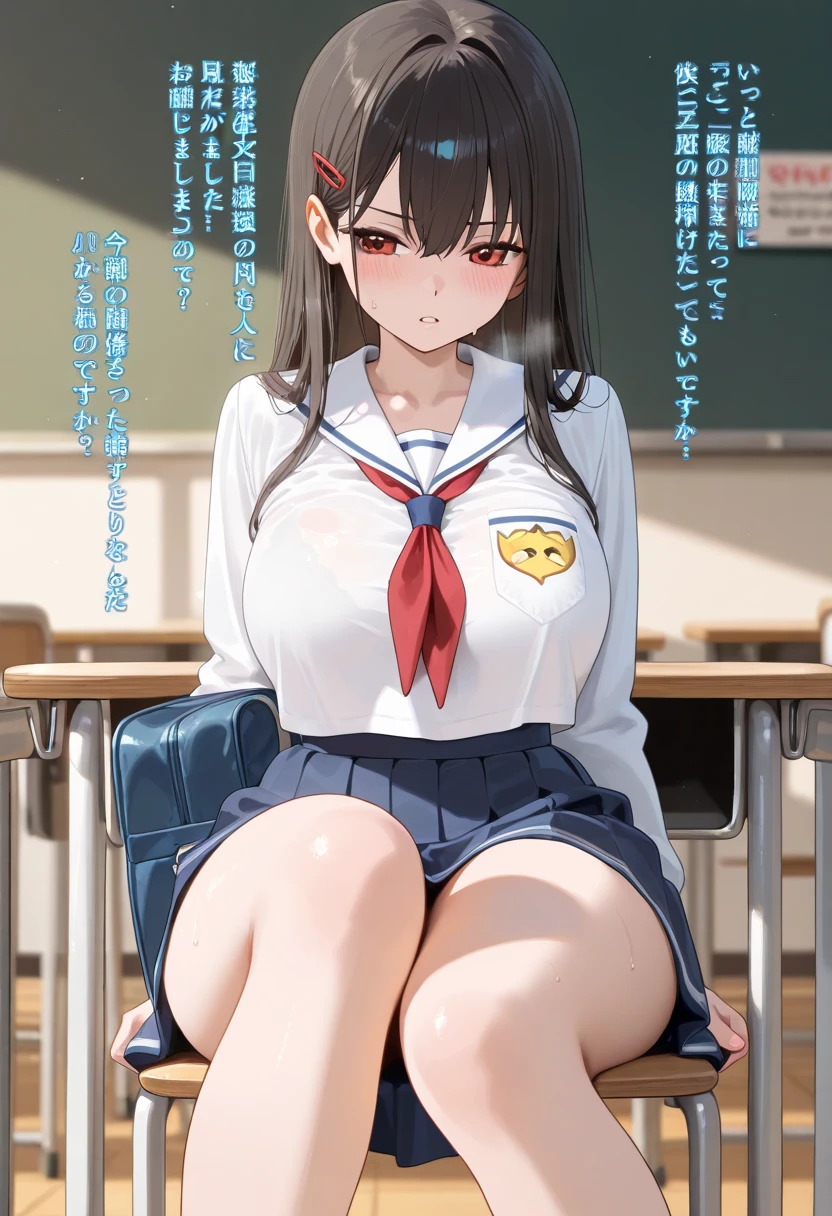 alone, Yuuki Asuna, ((masterpiece)), High resolution,Bright orange hair、vapor、Spread your legs、classroom、Sailor suit、((Wet white panties))、Touching the thigh with your hand、Comic book style、2Being molested by a man