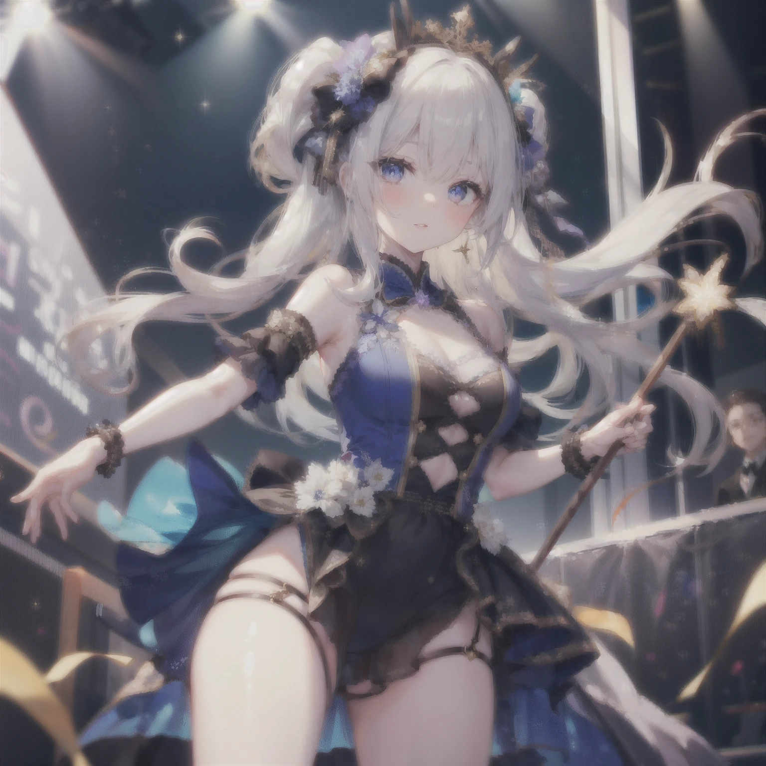 Illustration, cinematic light, high resolution, best quality, ultra detailed, detailed face, (detailed eyes), highest quality, super detailed, masterpiece, (detailed face), pretty face, best smile, sexy mature woman transparent (white and red goth loli costume: 1.5), ultra detailed embroidery, cloth, choker, open cloth, NSFW, high heels, blue eyes, neon small shiny hair ends, D cup, cleavage, AI fantasy concert, shining lighting with neon details, idol, (live stage: 1.15), (holding the microphone with left hand singing: 15), singing with butt sticking out: 5, (in the crowded audience in the background), light reflection, heart-shaped iris, playful eyes, open shoulders, (wet body), small glowing butterfly, hair jewelry, panties, cute string panties with ribbon: 1.5
