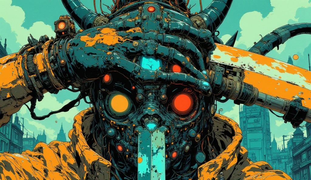 ((Лучшее качество)), ((шедевр)), (подробный), guy, villain, yellow mechanical eyes, cyber helmet, cyber jaw, wires from the back, wires, cyborg, male gaze, night, planet, shooting star, smile, sinister smile, cosmos, star (sky), starry sky, teeth, tremble, weapon, portrait