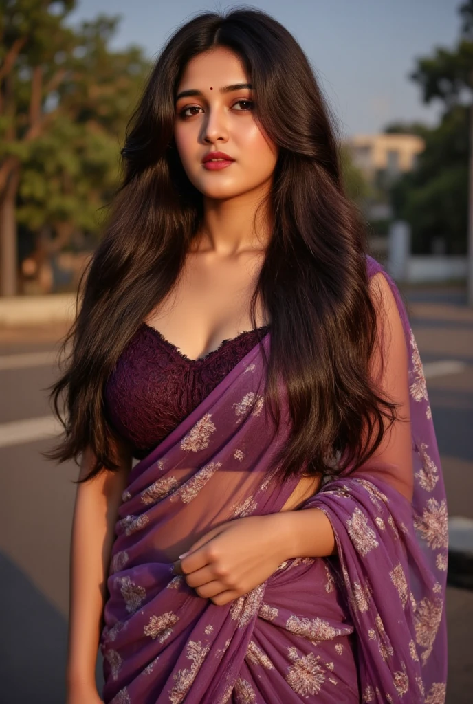 (((desi girl))), chubby face, natural skin, wearing purple saree, cleavage, charming black hair, ((hair ends are blonde)), greenary village background, bokeh, Indian beautiful face