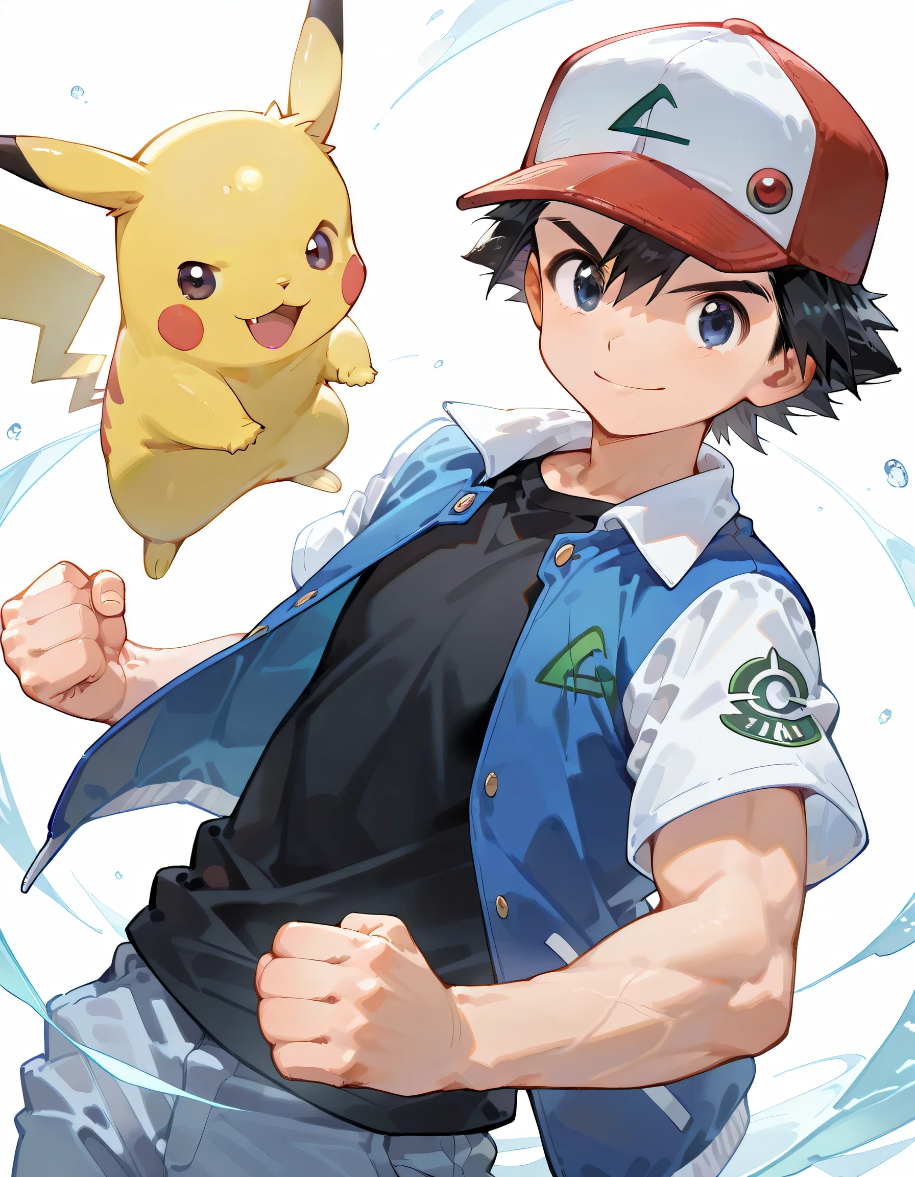masterpiece, best quality,(dynamic angle,dynamic fighting stance),looking at viewer:1.3, leaning back,Muscular body,ashpk, 1boy, male focus, solo, black eyes, black hair, hair between eyes, hat, baseball cap, shirt, black shirt, multicolored clothes, multicolored jacket, jacket, blue jacket, white jacket, open jacket, open clothes, short sleeves, pokemon (creature),smile,white background,