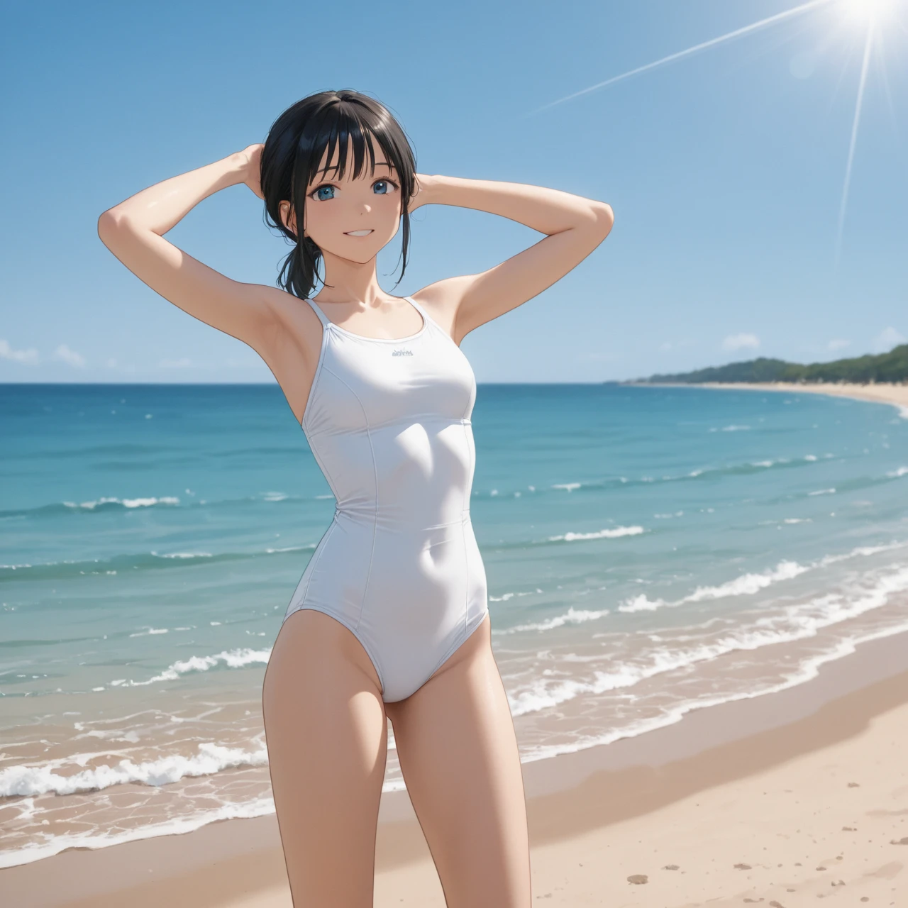 One naïve 1 8 years old, Japan college girl, sitting with M-shaped legs spread,
wearing a navy blue one-piece swimsuit,
Footwear is sandals,
1 (Akiko Takase, Kazue Kato, , Aya Takano, Etsuko Miura, Chinko, Tsugumi Oba, Chiho, Rinko Kawaichi, Takeyuki Kanda),
Body shape is 158 cm tall, weight 53 kg, bust 83 cm (D cup), waist 61 cm, hips 86 cm,
hair is shoulder-length black hair ((ponytail), (damp with sweat)), bangs,
sweaty skin , whole body,
The scene is surrounded by strong summer sunlight, sunflower fields in full bloom, and sunflowers.