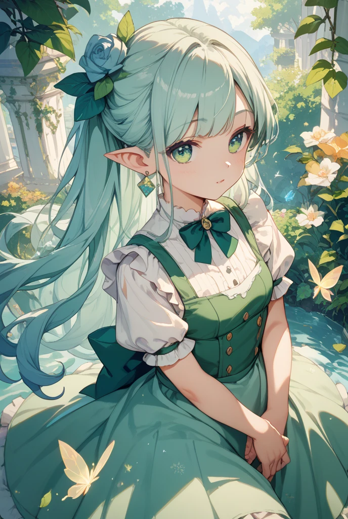 hyper cute girls anime style,pregnant ultra short elf girl,pale green long hair,white silk smock,