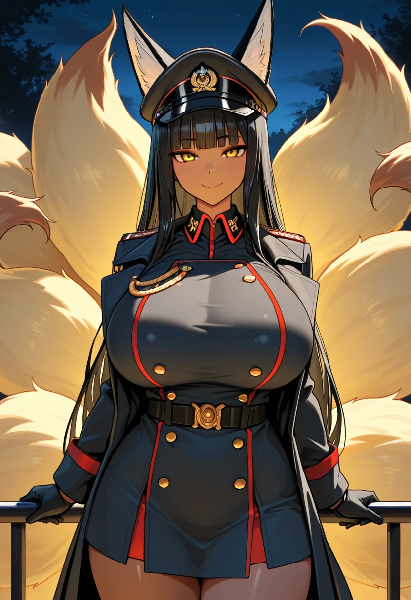 Adult woman, Long black hair, Fox ears, Yellow and red eyes, Fox tails, Combat uniform, Smile, Masterpiece, hiquality