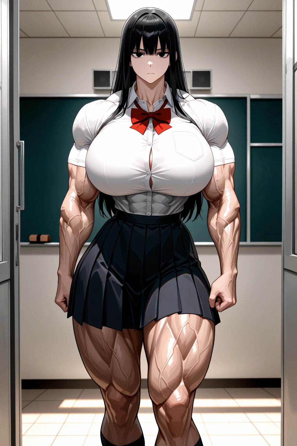 (1girl), black hair, extremely long hair, yellow eyes, (((muscular))), huge breasts, thick thighs, solo, angry, (pale skin), cowboy shot, (school uniform)