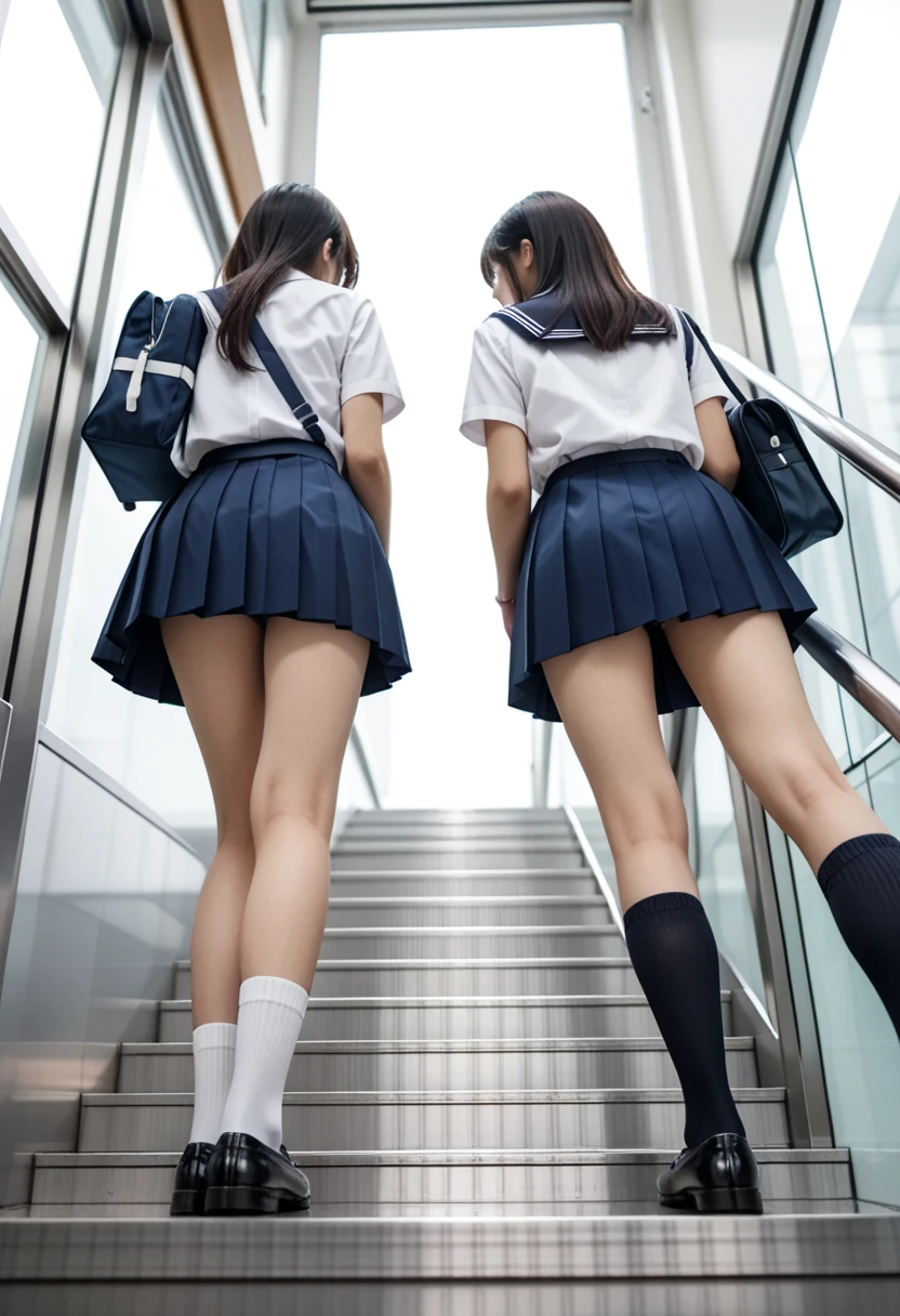 ((Highest quality)), ((masterpiece)), (High resolution), 8k, Best Shadow, The best natural light, Cinematic, (Two adult women climbing the stairs side by side), (Brown Hair, ponytail)、Looking back, bashful、Sailor collar、Fashionable white shirt、Sailor suit、Navy Pleated Skirt、(Navy blue socks)、((Rear view))、Angle from the rear, Navy blue socksにクローズアップ、Manga panel layout、Cartoon style、Manga Design、Station stairs、On the way to school, (The wind is blowing up from the ground, flipping up her skirt and revealing her panties:1.4), (Stylish light blue satin panties:1.4), Slender body,Beautiful thighs, Embarrassed look, Iori, Perfect lighting, Perfect Shadow, Exact number of arms, Exact number of legs, Perfect Anatomy, Exact finger count、Exact number of legs、(Exact number of arms:1.0, Exact number of hands:1.0), (Perfect hands, Perfect Anatomy)
