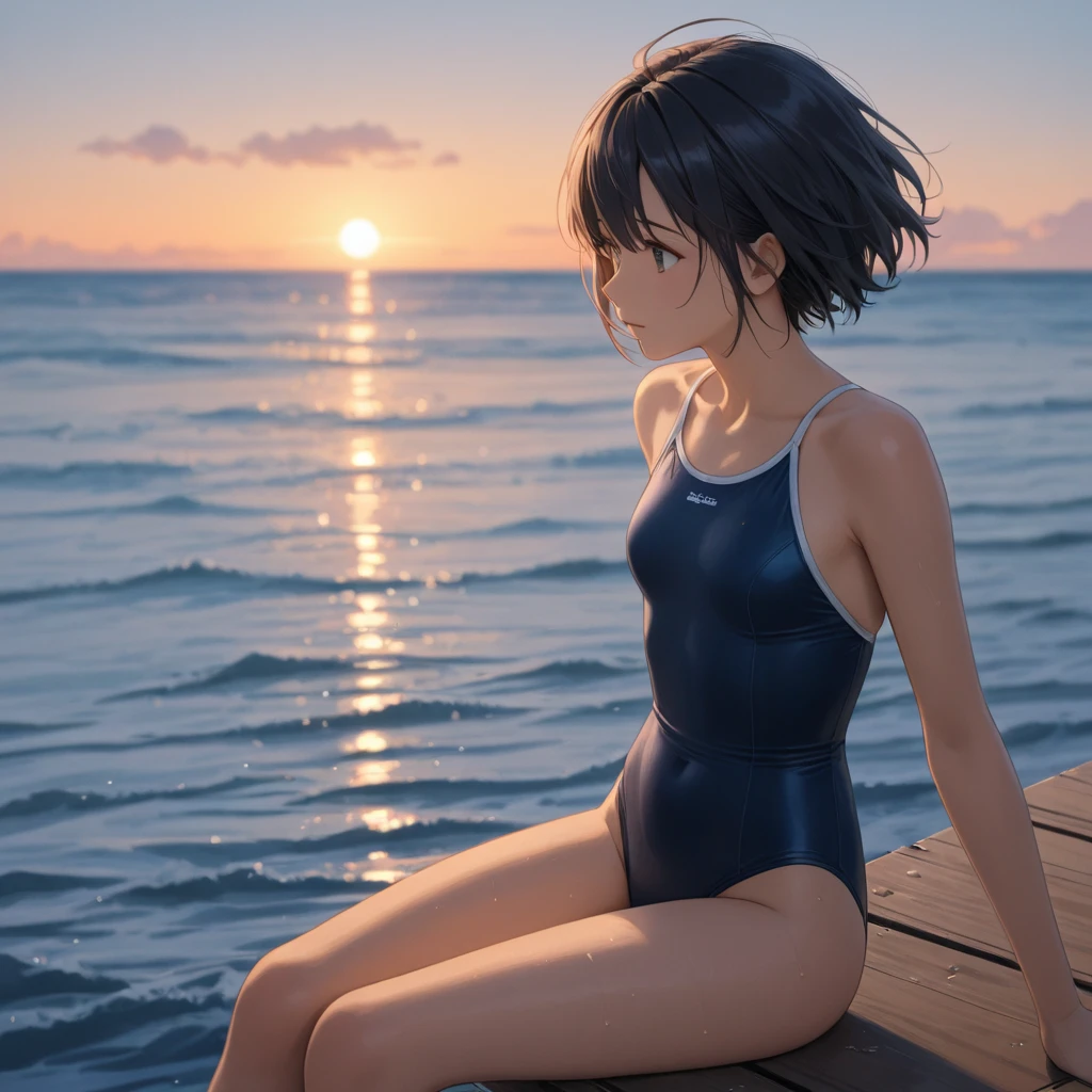 1girl、Black Hair、Swimwear、Ocean、evening、Reflection on the water、deep faint light 、 detailed CG、high resolution