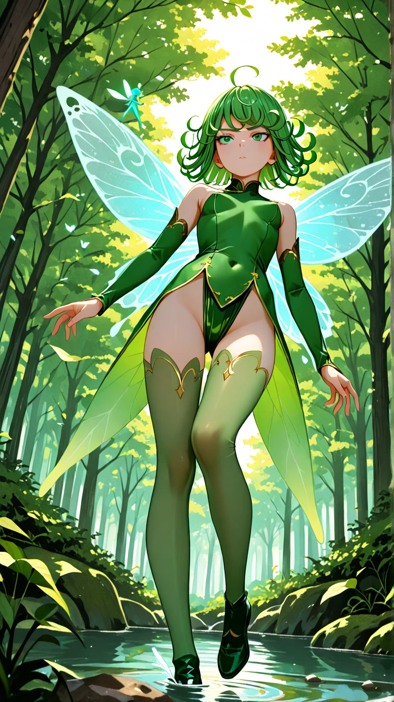 shortstack, small girl, wide hips, pointy ears, full body, standing, revealing clothes, black hairl, bob cut hair hairstyle, green leotard, curvy, black long socks, hairband, high heels, long brown gloves, green ribbons, glasses