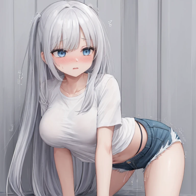 anime girl with long white hair and blue eyes posing in a hallway, seductive anime girl, small curvy loli, perfect white haired girl, attractive anime girl, beautiful anime girl, cute anime girl, girl with white hair, smooth anime cg art, pretty anime girl, anime style 4 k, anime best girl, anime girl, 4k anime wallpaper, topless, denim shorts, small breasts, nipples, masterpiece, necklace, smiling, navel, leaning forward, hands on back