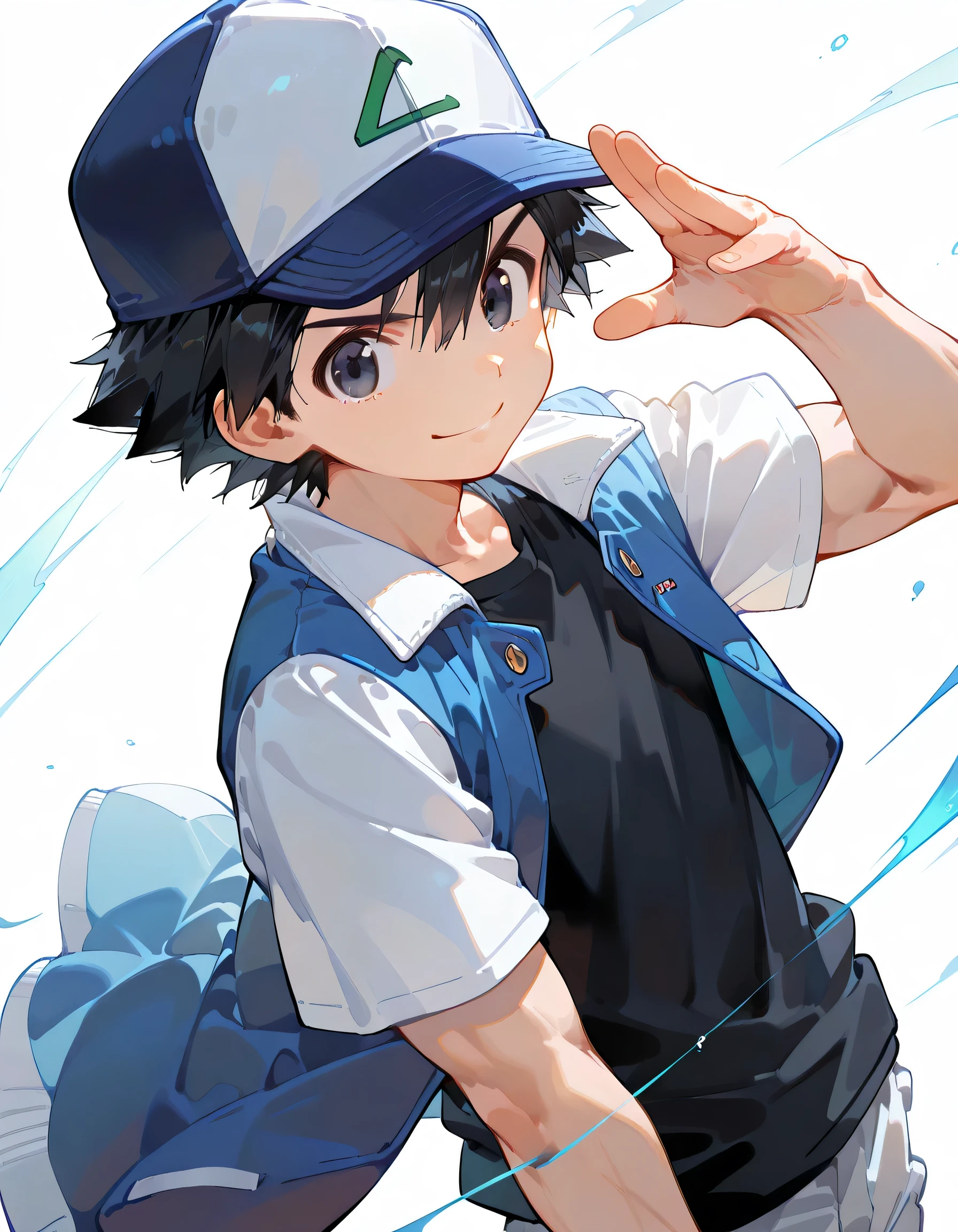 masterpiece, best quality,sideview,(dynamic angle,dynamic fighting stance),looking at viewer:1.3, leaning back,Muscular body,ashpk, 1boy, male focus, solo, black eyes, black hair, hair between eyes, hat, baseball cap, shirt, black shirt, multicolored clothes, multicolored jacket, jacket, blue jacket, white jacket, open jacket, open clothes, short sleeves, smile,white background,