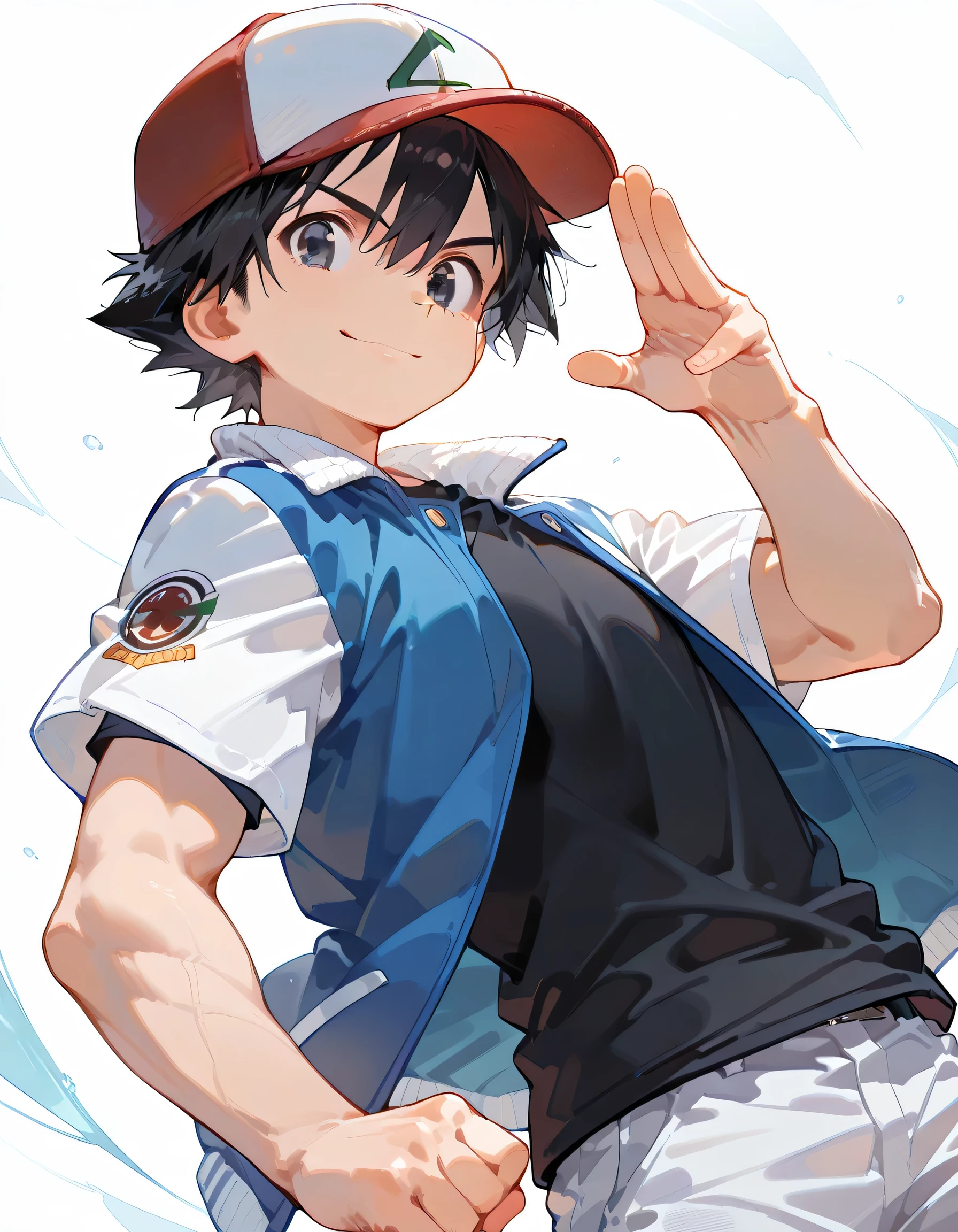 masterpiece, best quality,sideview,(dynamic angle,dynamic fighting stance),looking at viewer:1.3, leaning back,Muscular body,ashpk, 1boy, male focus, solo, black eyes, black hair, hair between eyes, hat, baseball cap, shirt, black shirt, multicolored clothes, multicolored jacket, jacket, blue jacket, white jacket, open jacket, open clothes, short sleeves, smile,white background,