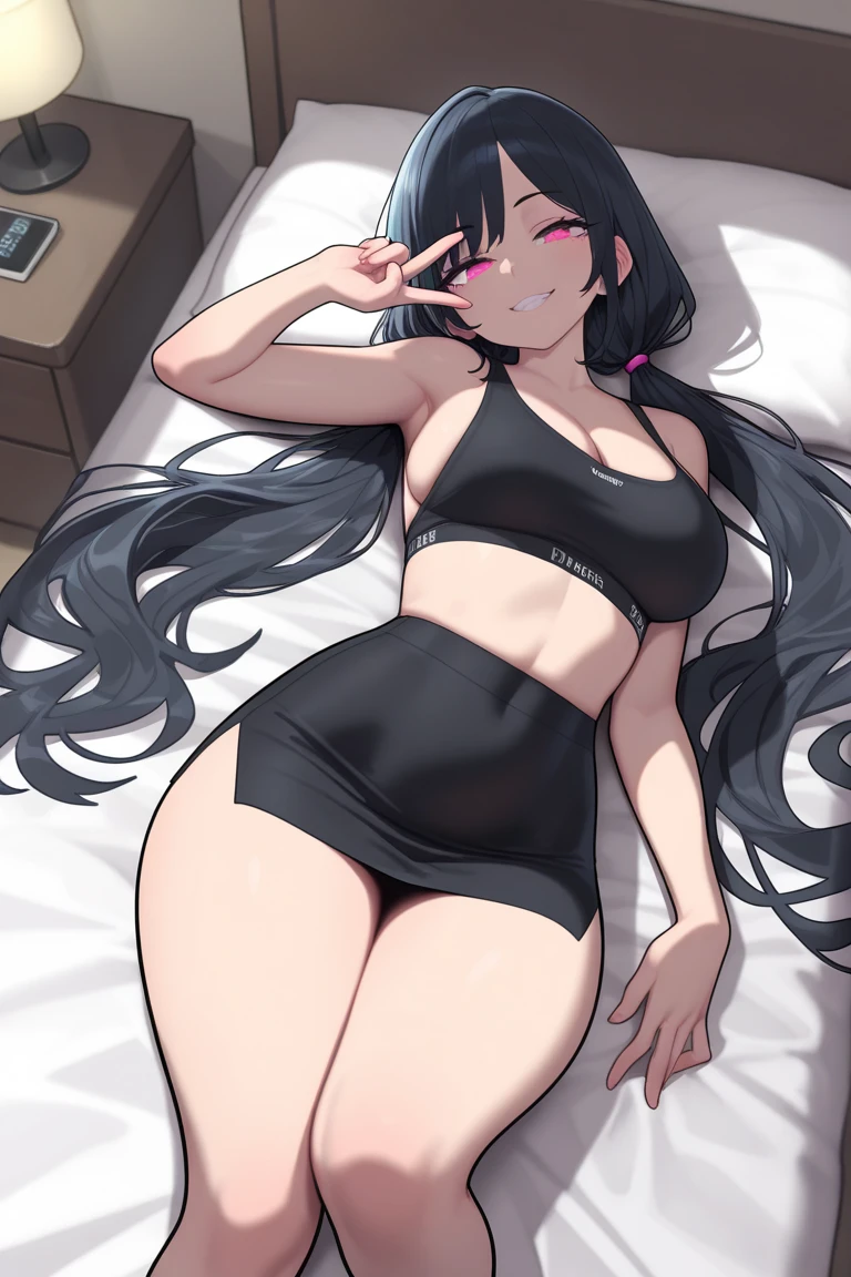 1girl, ,testicles,black hair,brown eyes,,one-piece swimsuit,in bedroom, ,school swimsuit,twin tail,flat creast,half-closed eyes,rolling eye,blush,sweat,heavy breathing,masterpiece,lie,(((smartphone))),anime,