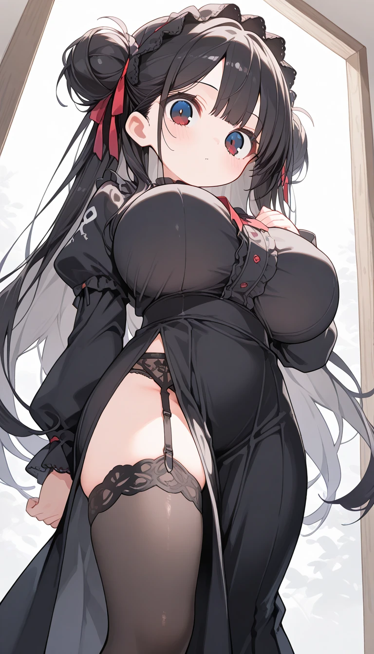 1girl blue_eyes blush breasts cleavage coat demon_girl demon_horns garter_straps horns large_breasts long_hair looking_at_viewer open_mouth pointy_ears shirt simple_background sitting solo speech_bubble sweat thick_thighs thigh_gap thighs virtual_youtuber white_background white_coat