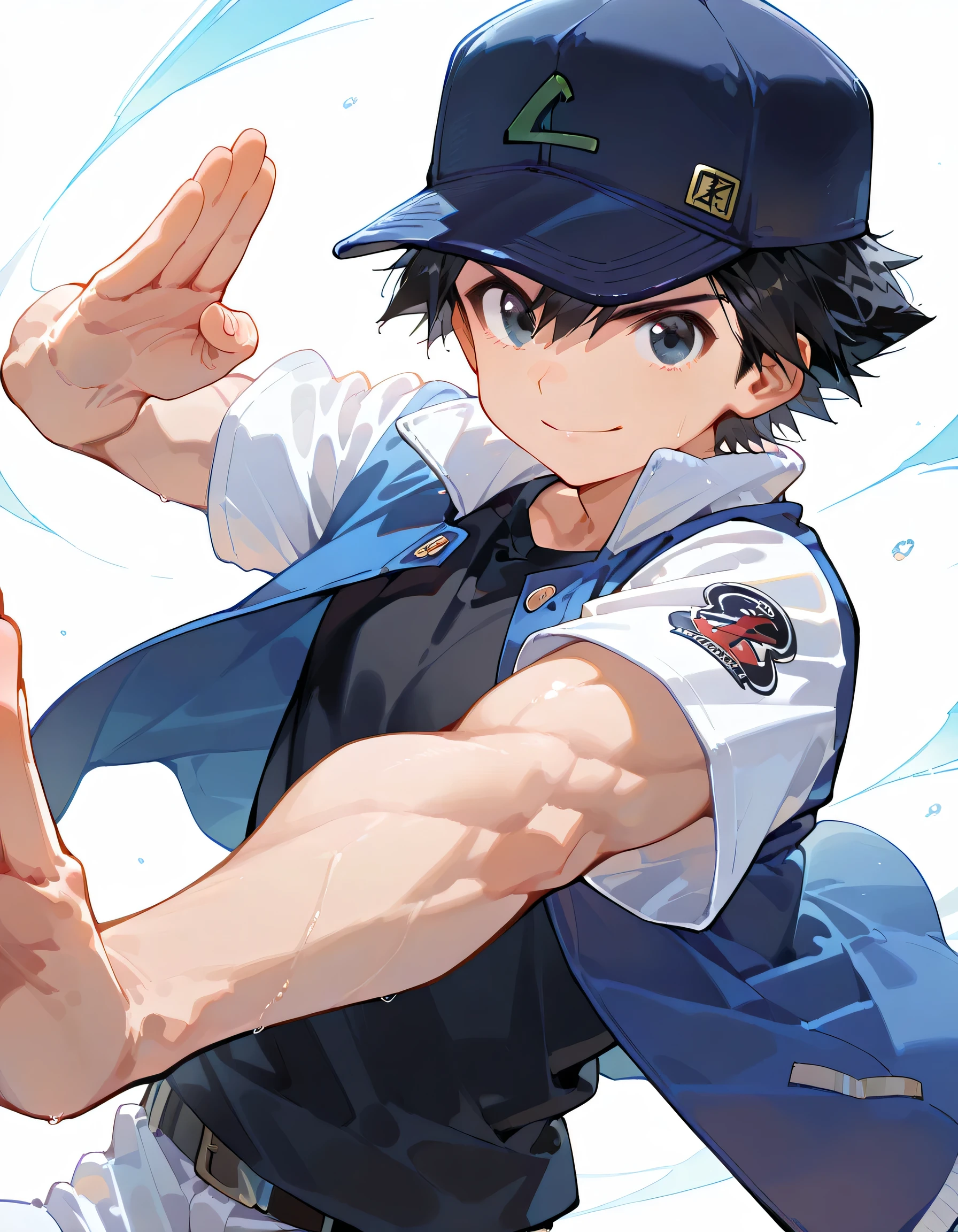 masterpiece, best quality,sideview,(dynamic angle,dynamic fighting stance),looking at viewer:1.3,Muscular body,ashpk, 1boy, male focus, solo, black eyes, black hair, hair between eyes, hat, baseball cap, shirt, black shirt, multicolored clothes, multicolored jacket, jacket, blue jacket, white jacket, open jacket, open clothes, short sleeves, smile,white background,