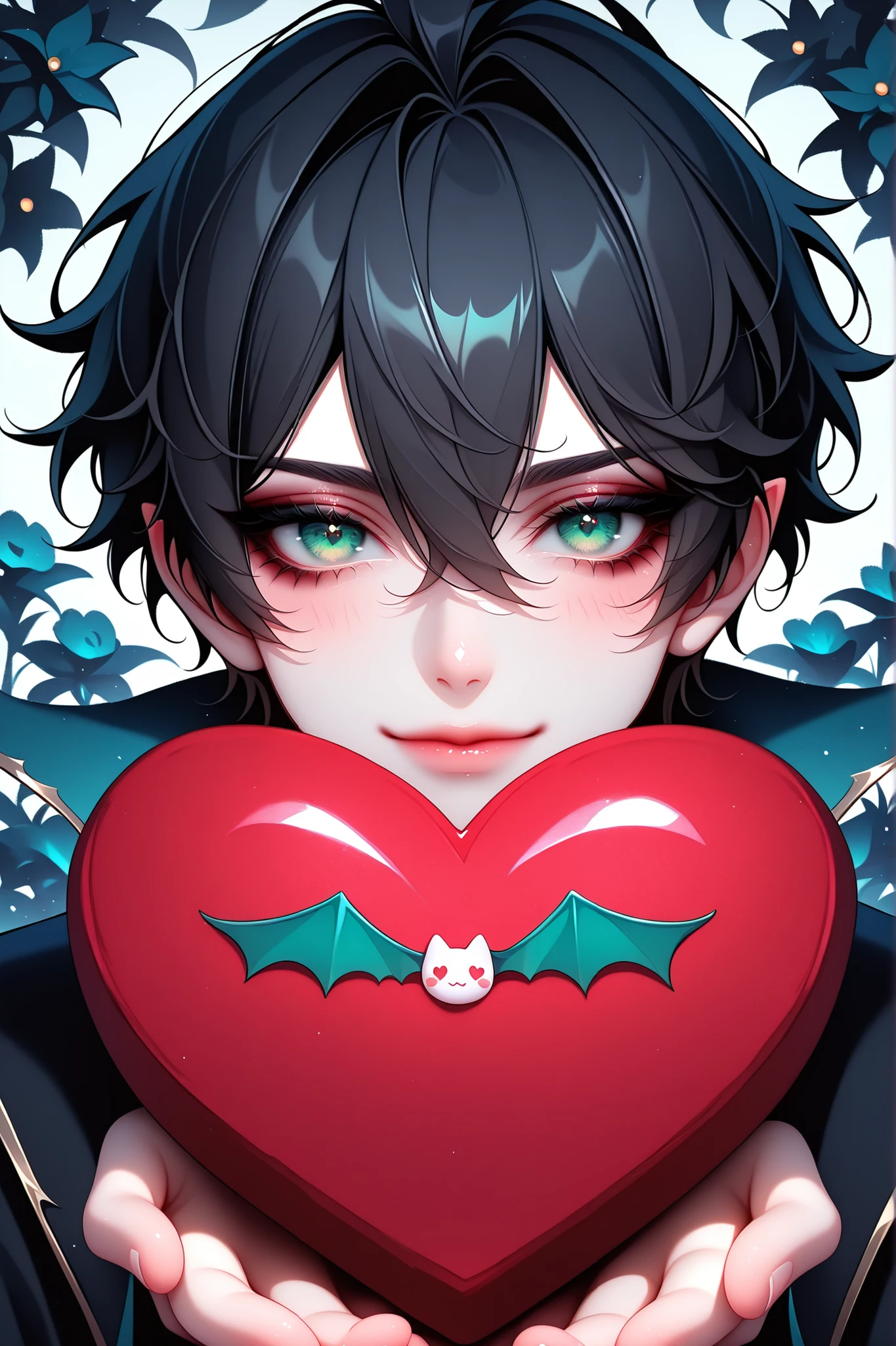 Cute cartoon, close-up of vampire prince /holding big heart cookie in garden of nocturnal flowers, closed green eyes, black hair.