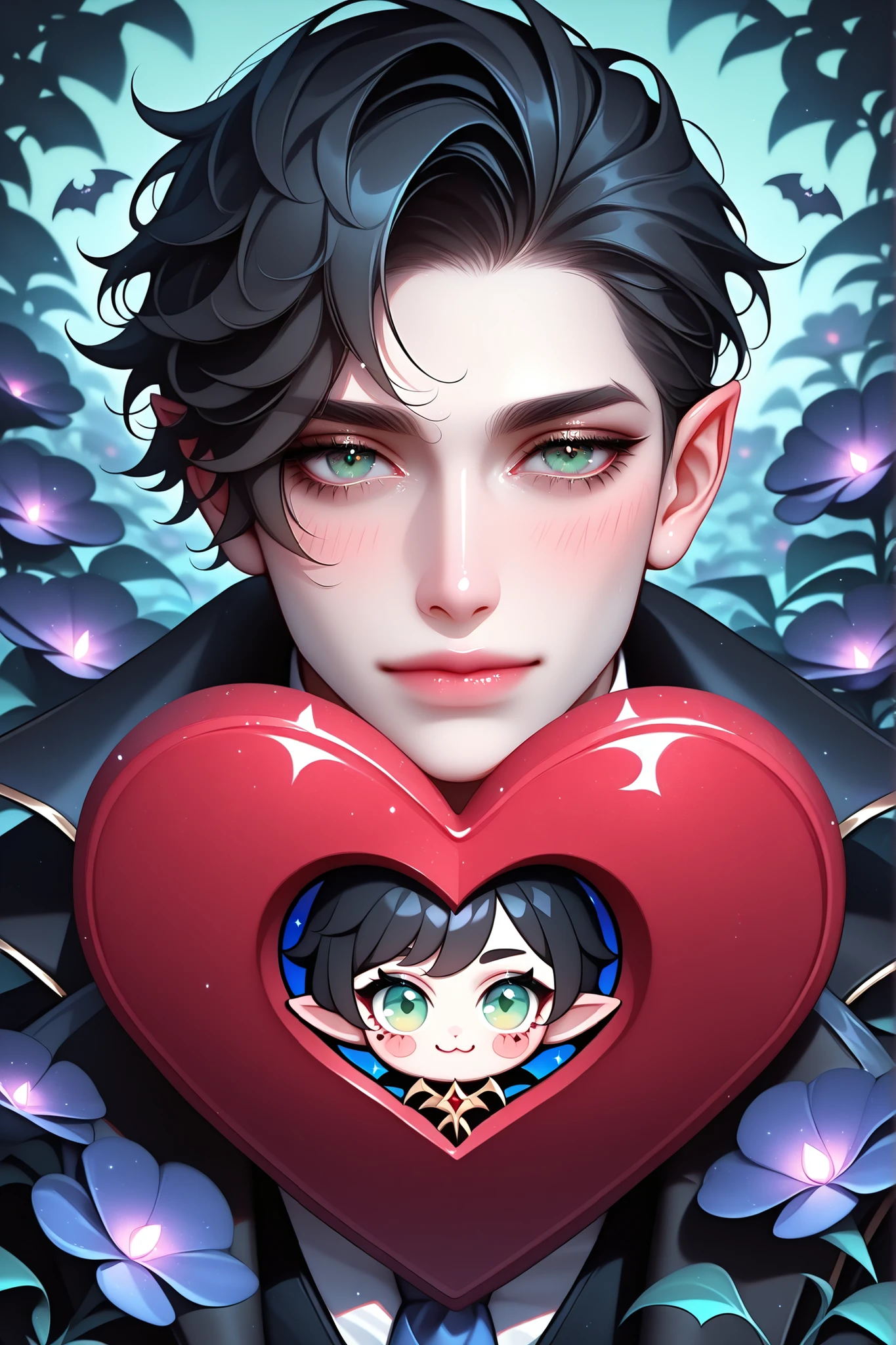 Cute cartoon, close-up of vampire prince /holding big heart cookie in garden of nocturnal flowers, closed green eyes, black hair.