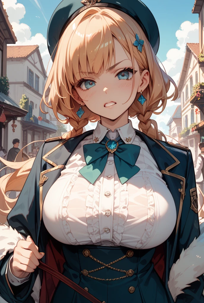 masterpiece, best quality, official art, extremely detailed CG unity 8k wallpaper, detailed background, (hand by Guido Daniele), (detail fingers),1 mature girl, (curvy), (detective girl), Standing in a dark alley, (brown coat:1.12), deerstalker, (deerstalker hat, brown headwear:1.12), (pleated skirt, plaid skirt:1.12) , (brown capelet:1.11), (collared shirt ,red necktie:1.12), (waist belt:1.11), (blonde long hair:1.12), (ahoge:1.13), (hair intakes:1.12), (green eyes:1.2), smirk, (huge breasts, cleavage:1.11), narrow waist, shiny skin, outdoors, London, alley, (victorian architecture), european architectur,