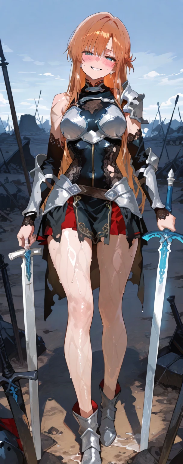 a portrait of a woman pirate holding a saber on a pirate ship ready for battle, ((full body: 1.5)), ((anatomically correct: 1.5)), (ultra detailed face: 1.2), looking tense, looking dangerous, dynamic eye color. dynamic hair color, dynamic hair style dynamic skin complexion, wearing 18th century white button shirt, busty , wearing wearing high heeled boots, sunny day, sun rays, some clouds,18th century pirate ship background, vibrant, Ultra-high resolution, High Contrast, (masterpiece:1.5), highest quality, Best aesthetics), best details, best quality, highres, 16k, (ultra detailed: 1.5), masterpiece, best quality, (extremely detailed) RAW, (ultra details, Masterpiece, best quality), Hyperrealism style, holding sword, Intense gaze, Sword and shield