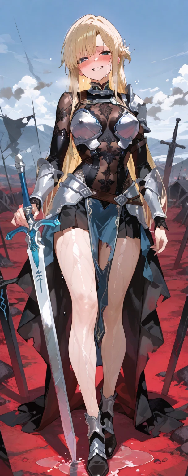 1boy, solo, 1boys is 17 years old, slender, (dark-skinned male:1.3), silver hair, long hair, blue eyes, (bikini armor:1.3), bare arms, bare legs, collarbone, navel, bare thighs, gauntlets, hip armor, pauldrons, sabaton, armored boots, cape, holding sword, (bulge:1.3), grin, fighting stance, battle, dynamic pose, BREAK male focus, medieval, fantasy, outdoors, battlefield,