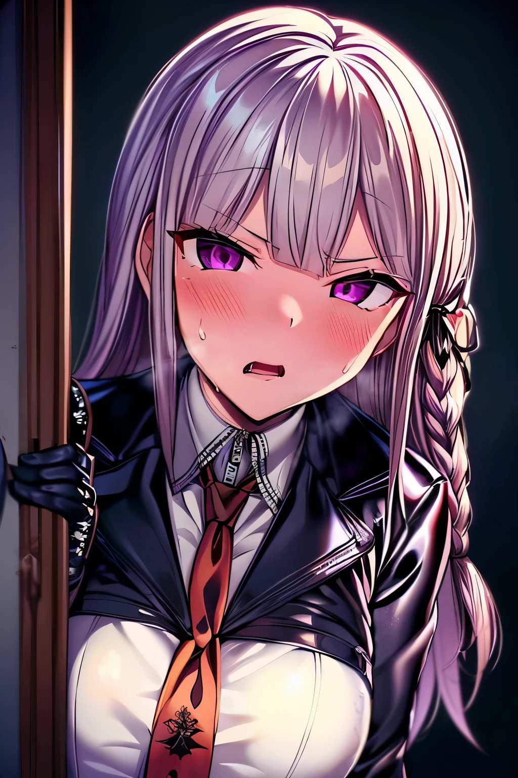 ((masterpiece))), ((best quality)), (ultra-detailed), ((an extremely delicate and beautiful)),(unity 8k wallpaper),Kyoko, purple eyes, purple hair, long hair, braid,black gloves, purple jacket, purple skirt, brown necktie, white shirt,open mouth