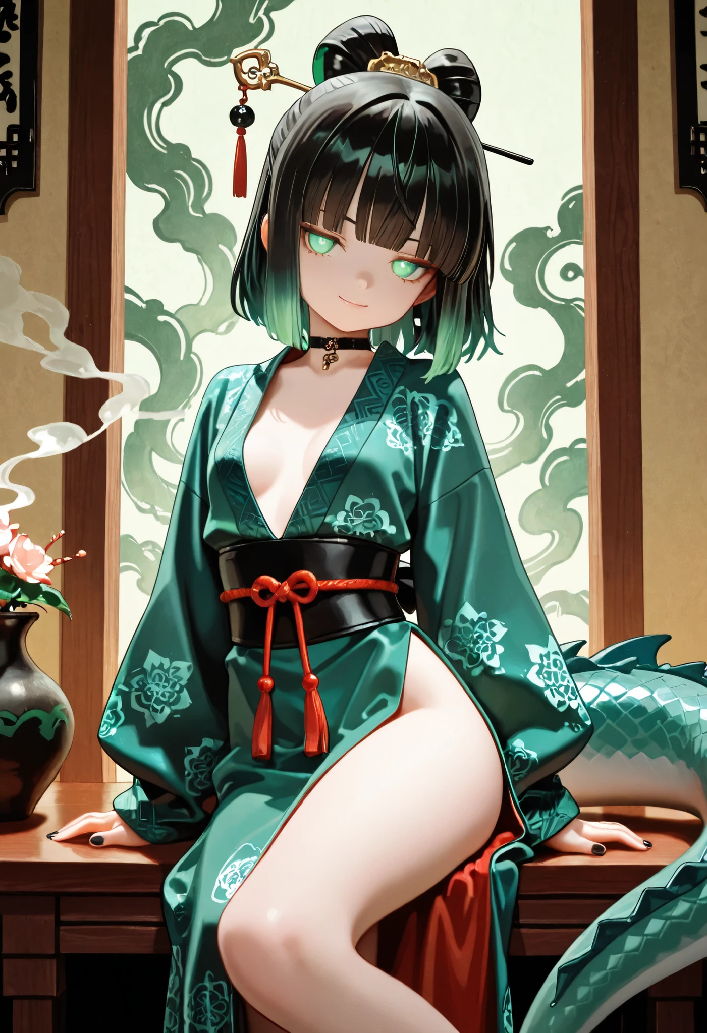 1girl, mint green eyes, jitome, Black Hair, green gradient hair, blunt bangs, black shark tail, small Breast, choker, bare legs, black nails, masterpiece, best quality, Perfect details, perfect composition, Perfect face, Perfect hand, absurdres, newest, very aesthetic, amazing quality, highres, film grain, Cinematic, Magnificent, doremi, hwansang, mx2j, Oriental clothe, side slit long skirt, hairpin, jade decoration, jk, key ring, blue flame, thick outline, flower pattern, kiseru, smoke, old Japanese izakaya, soft smile, taoist, glow eyes, Dragon Palace, Ryugujo, Confident,
