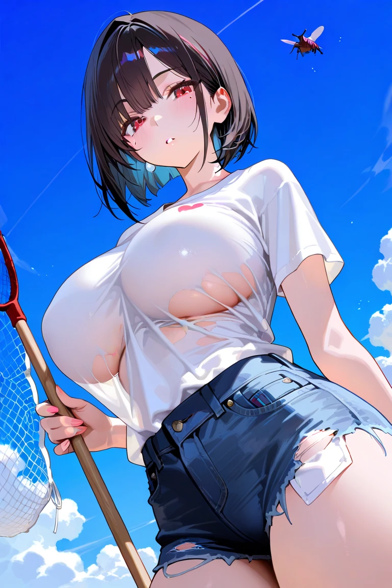 Nagino Sakura, brown eyes, brown hair, hair band, medium length hair, empty eyes , , large breasts, solo, nsfw, nipple, ride a bicycle