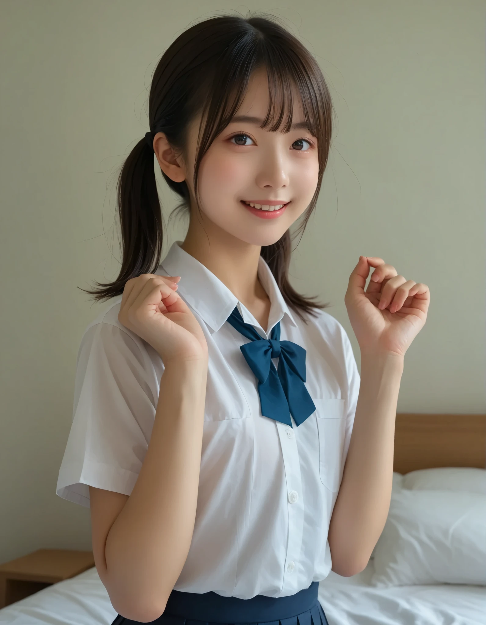 ((smile)),Confused,RAW Photos,(((The ultimate portrait masterpiece))),((The cutest girl in the world:1.4)),1 girl,12 years old,Japanese,Cute face、,((Silky Hair)),(A high ponytail tied with a ribbon:1.4),((Super huge breasts:0.2)),((Eyes that shine like jewels)),Glowing Skin,(young woman),Thin ribbon,(Uniforms made from high-quality fabrics:1.4),Ultra-detailed uniforms,(She shyly pulls up her skirt:1.3),((Crotch from the front)),A skirt fluttering in the wind,eyeliner,Beautiful Bangs,Hair between the eyes,((solve,High resolution)),Detailed Background,8 Commercial Code,Digital SLR,Soft Light,high solve,Film Grain,Fujifilm XT3,Shallow depth of field,Natural Soft Light,Narrow waist,(Beautiful girl with sparkling eyes:1.4),(A big bust that seems to burst:-0.5),(You can see the shaved pan:1.3),(Very beautiful shaved pussy:1.3),(The idol-like cuteness of high school girls:1),(Elementary school students in school bags:1.3),(Ultra Dynamic:1),((11 years old:1.2)),(sometimes 90% Sometimes she shows her boobs), mid breast, kneeling, lean forward, from above