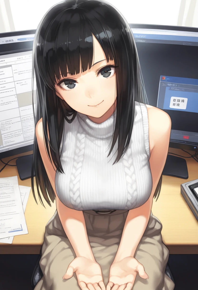 Hime cut with long black hair、Has straight bangs and blue eyes、A girl with very large breasts wears an off-the-shoulder sweater。I&#39;m working on a computer。The girl has a relaxed, calm and satisfied look。