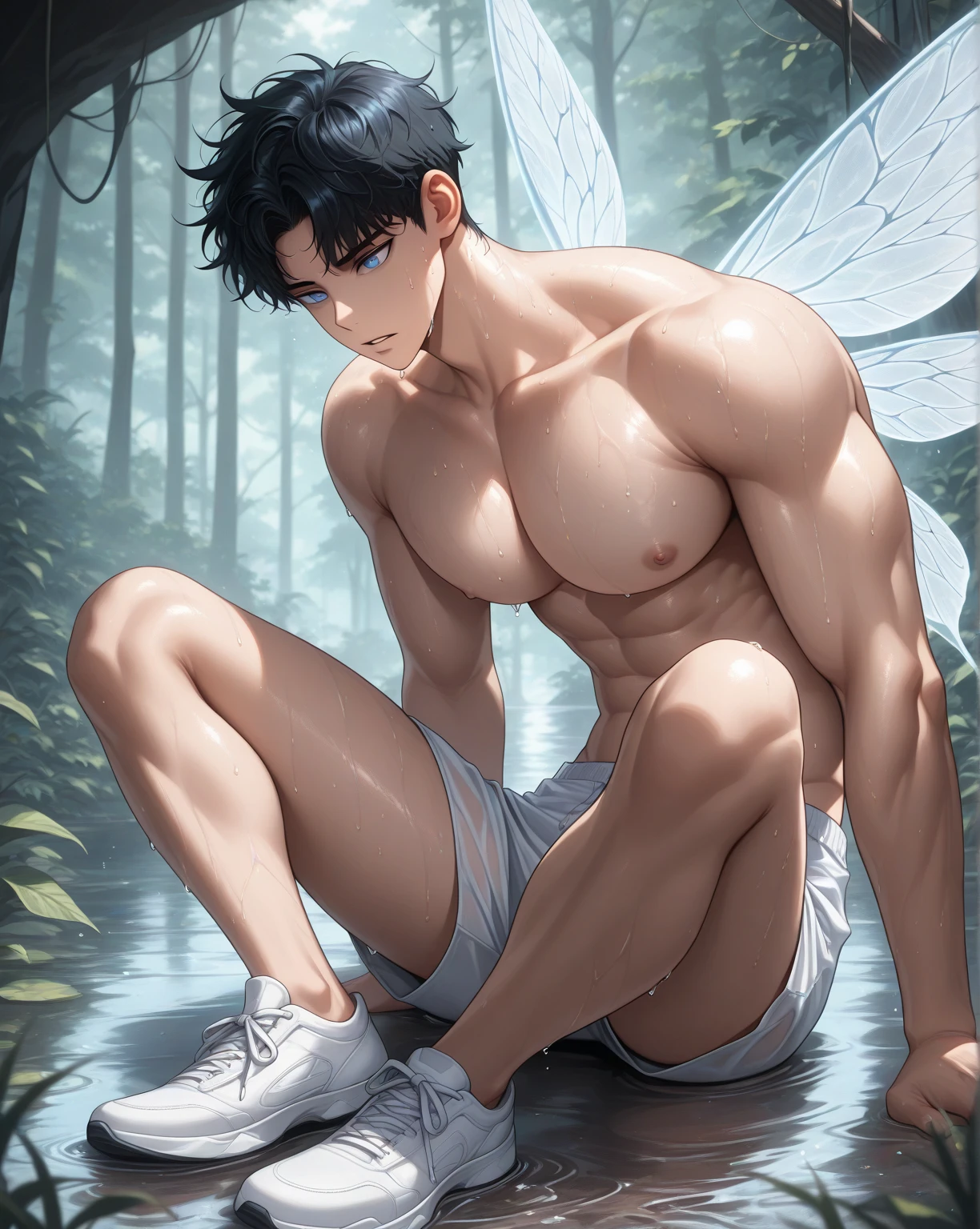 Realistic handsome Korean man Lucifer, devil wings, red hair, bloodstained cheeks, perfect anatomy. Naked, 1 flaccid dick, perfect length, bloody dick. In the castle the flames, , burning, The eyes are fixed on the camera, the shiny body.