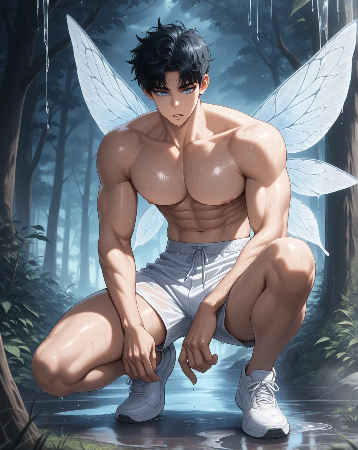 ((work of art, best qualityer)), ung boy, (mature man:1.4), 130 mmf1.4 lenses, 1 yoboy, standing alone, pointy ears, heart-shaped pupils, From  above, demon boy, big pectorals, demon wings, saturados, colorfully, multicolored hair, silver hair, hair blue, multi colored eyes