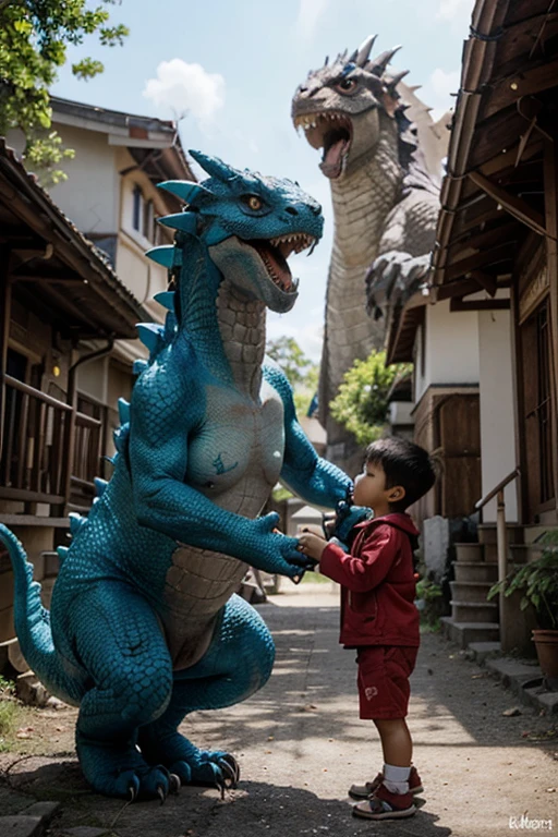 boy, dark haired , approximately 5 years, riding a blue dragon