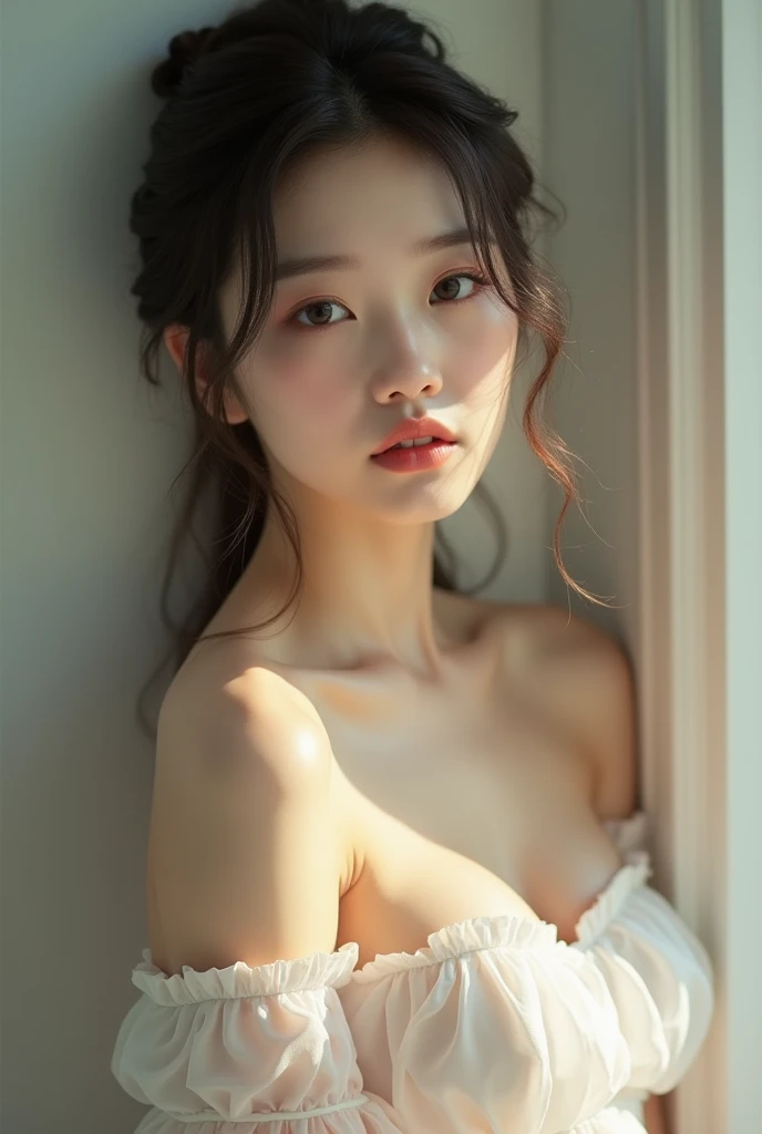 (masterpiece, Highest quality:1.4), Award-winning full-body photography, 8k, 85mm, alone, Beautiful Face,14 Talents、Nude photoshoot、 necklace、Great style、Cute face like a Japanese idol、Standing next to the bed、Delicate woman, Baby Face、Beautiful Eyes、Beautiful clavicle、(((Topless)))、Cute hairstyle、Shapely breasts、Blushing and embarrassed