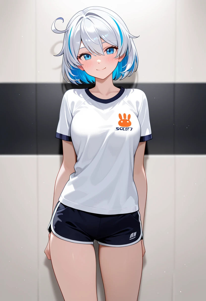 <lora:ruriko-v1:0.85> tsukishima ruriko, (empty eyes:1.2), smile, cowboy shot, (gym uniform, buruma:1.5),