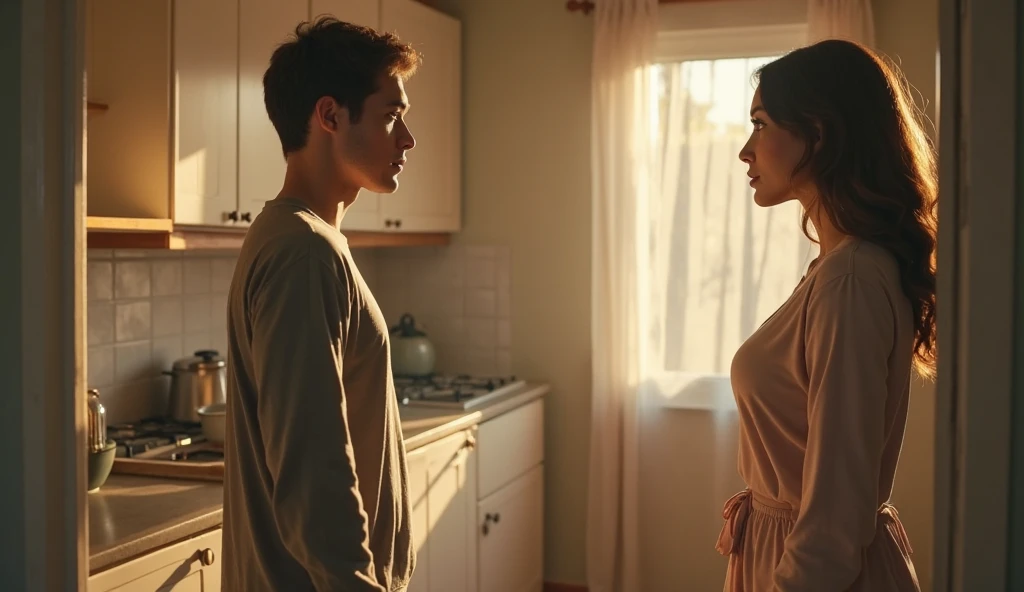 A cinematic photograph of a brunette woman wearing a casual summer outfit talking to a man with her back turned, also in light clothes. His look of admiration, full of happiness and contemplation, contrasts with the setting of an informal restaurant. The room's warm and inviting interior provides a temporary respite, with its soothing color palette and soft lighting casting a comforting glow on your face., cinematic, photo