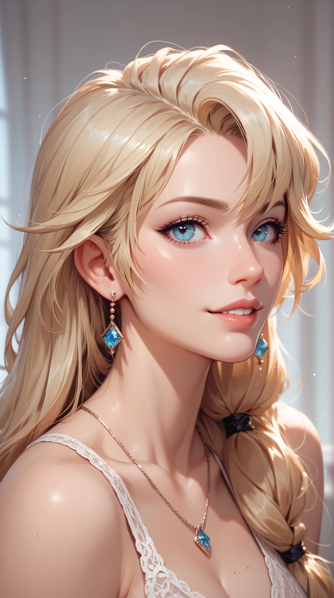 Create a Blonde Woman,In an elegant blue dress. She has pastel blue eyes, Elegant pose and cold expression