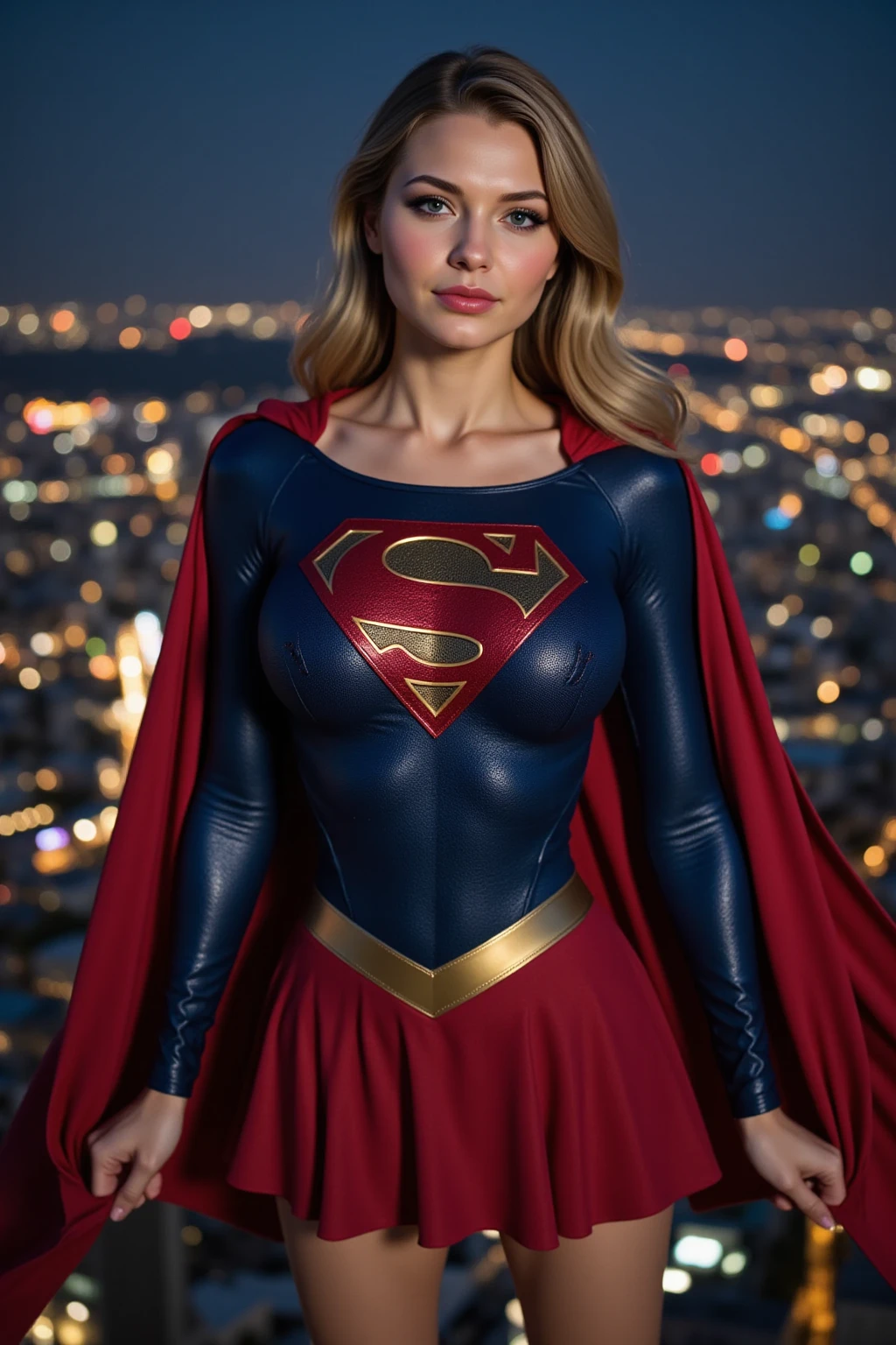1 girl ((dressed as supergirl)),beautiful pretty Realistic supermodel,(blue eyes),(She is smiling),perfect face,split lips,(Best quality, 8k, Masterpiece: 1.3), perfect hands, clear focus : 1.2, perfect body beauty: 1.4, slim abdomen: 1.2, highly detailed face and skin texture, detailed eyes, (long blonde hair with bangs: 1.3) standing, full body, dynamic pose, (on top of a building )
