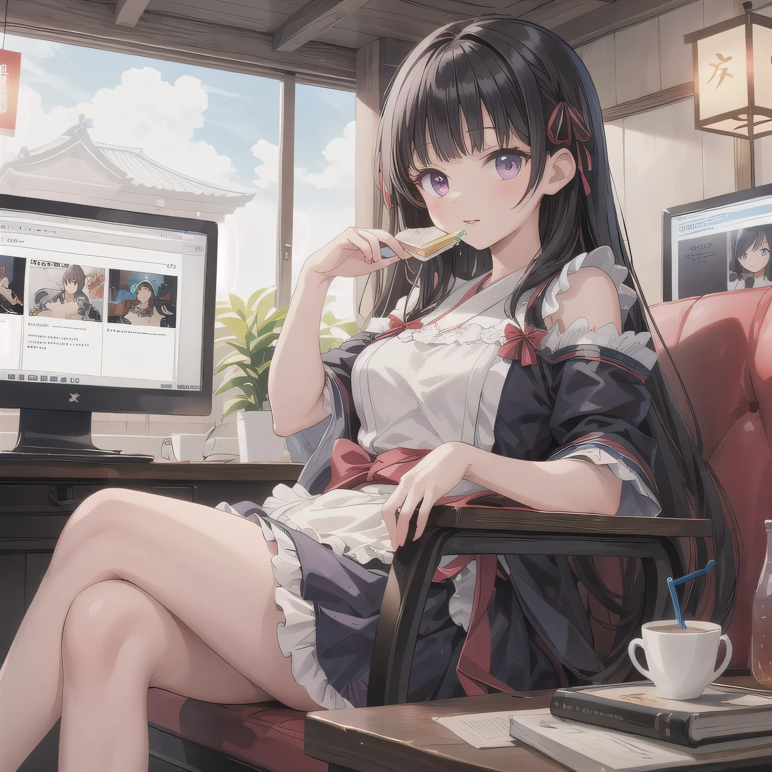 A beautiful anime girl wearing a neat dark blue and white maid outfit. She is sitting on a fully reclined seat in a typical Japanese manga café semi-private booth. Around her are a computer monitor, a stack of manga books, and a drink cup nearby. She holds both hands near her mouth in a suggestive and delicate pose, as if she's imagining holding something large and important, with a blissful, dreamy expression and slightly parted lips. The object she's pretending to eat is not visible. The atmosphere is warm, soft-lit, cozy, and slightly playful. Dark hair, long hair, purple eyes.