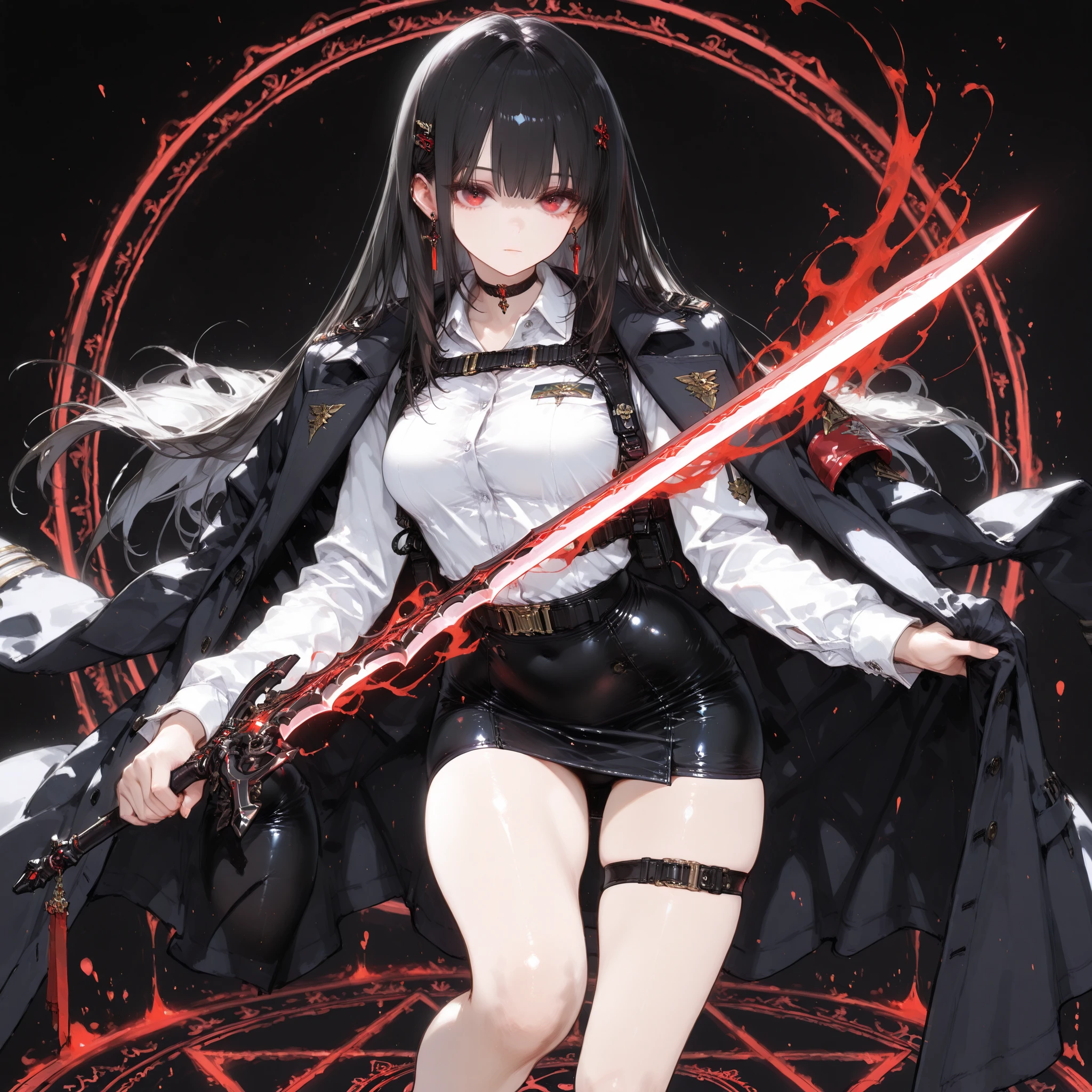 ((best quality)), ((masterpieces)), (detailed), Perfect face, SOLO, ((1 girl)), ANIME, beautiful detailed eyes, long hair, long straight hair, black hair, RED EYES, BARE thighs, (((BARE LEG))), ((black tight-fitting Mini office skirt)), (((dress shirt))), ((Medium Breasts)), Choker, (thigh strap), ((black general's uniform coat draped over the shoulders)), expressionless, earring, (buckle), ((Tuck in the shirt)), tight Mini office skirt, Hair fluttering, harness strap, magic effect, magic circle, low waist skirt, hairpin, fantasy sword, Sword stances, holding sword, no background