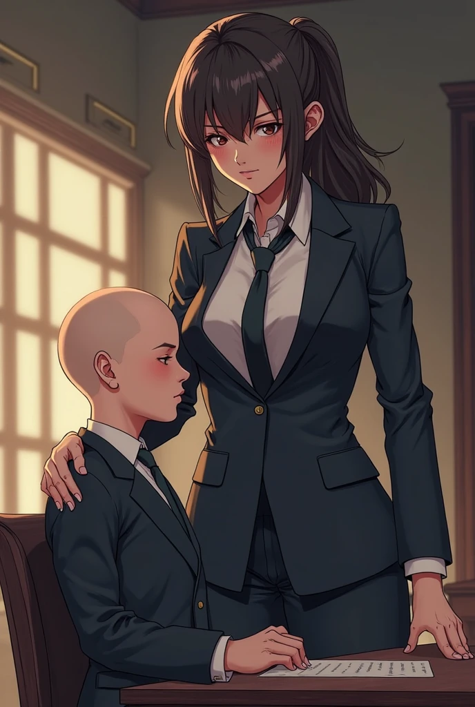 1,There is a male and bald female couple. The woman jumps up from behind the man and hugs him..
2,Male is 24 years old, Wearing normal clothes, sitting and being hugged by a bald woman.
3,The woman is 18 years old, She wears a high  and a miniskirt., Then she jumps on the man and hugs him..
4,The location is inside the man&#39;s room.
