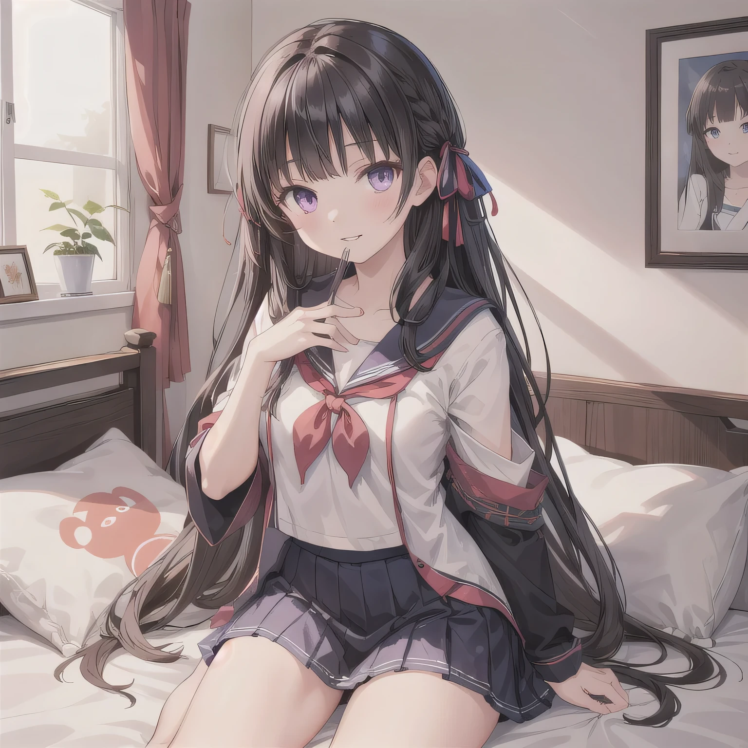 A cute anime girl wearing a Japanese schoolgirl sailor uniform. She is sitting on a bed in a cozy, plush-filled girl's bedroom. Her hands are lightly clasped in front of her mouth, as if holding something invisible. Her expression is dreamy and happy, with slightly parted lips, giving the impression she's about to take a bite of something delicious, though no food is shown. Dark hair, long hair, purple eyes.