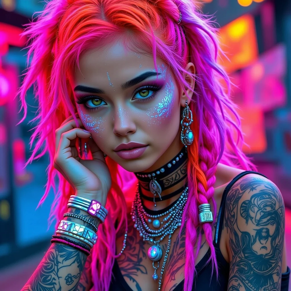 Create a hyper detailed photograph of a tattooed muscular young drop dead gorgeous nerd goth, Stunningly perfect gorgeous feminine face, perfect makeup, detailed vibrant eyes, long flowing hair, big beautiful muscular legs, big beautiful muscular arms, perfect hour glass body figure, detailed smooth skin, large breast, perfect heart shaped ass, complete full body view,
