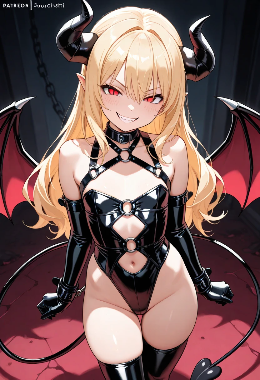 (Front Focus),(In the Dark:1.6), (masterpiece, of the highest quality, best, Official art, Beautiful and aesthetic:1.2), tachi-e, game cg, Highly detailed and realistic CG, Colorful, Masterpiece, Best Quality, jewel-like eyes, 1girl, solo, (blonde hair:1.5), shiny hair, very long straight hair, slender, skinny legs, succubus girl, dress, mini skirt, succubus boots, aqua blue eyes, large breasts, sagging breasts, cleavage cut out, black elbow gloves, latex, smirk, smile, jig eyes, jitome, half-closed eyes, tsurime, hotel bed room background, from pov, best quality eyes, sharp teeth, tsundere, standing, contrapposto, hand on hip, (dark skin:1.0), back succubus wings, bat wings, succubus tail, mesugaki, teasing, smug, cute girl, , open mouth, fangs, tongue out, pointy ears, pink heart tattoo, (Sharp Focus:1.2), Thin arms, Thin legs, outline, bdsm, slut, bitch, ((NSFW)), get ready for fuck, pants, arousal expression, happy to be pounded