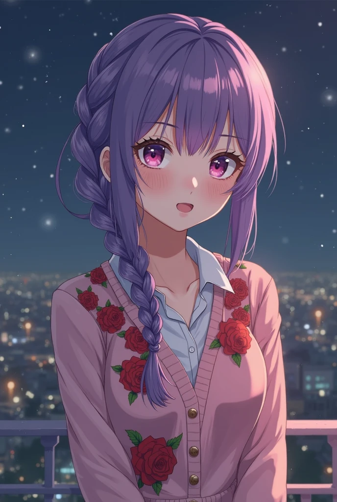 1girl(fate stay night, Matou Sakura, purple hair, side hair ribbon, white camisole, pink cardigan, light pink skirt, light smile), Don&#39;t expose your shoulders