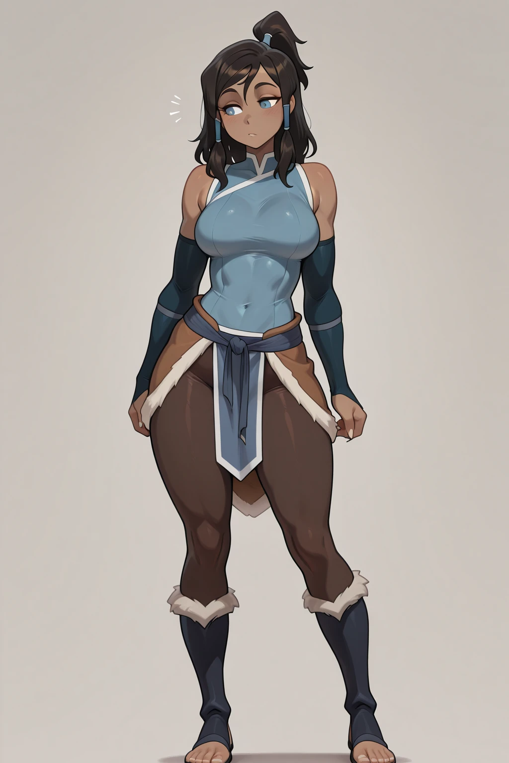 Full body image of Katara from Avatar: The Last Airbender, full body in image, wearing her original outfit (blue Water Tribe tunic, white fur-trimmed belt, blue pants, and boots), long hair in a braid, female body, slender and athletic body, dynamic pose, detailed pose, simple background, expressive face, focus on face, line art, sketch