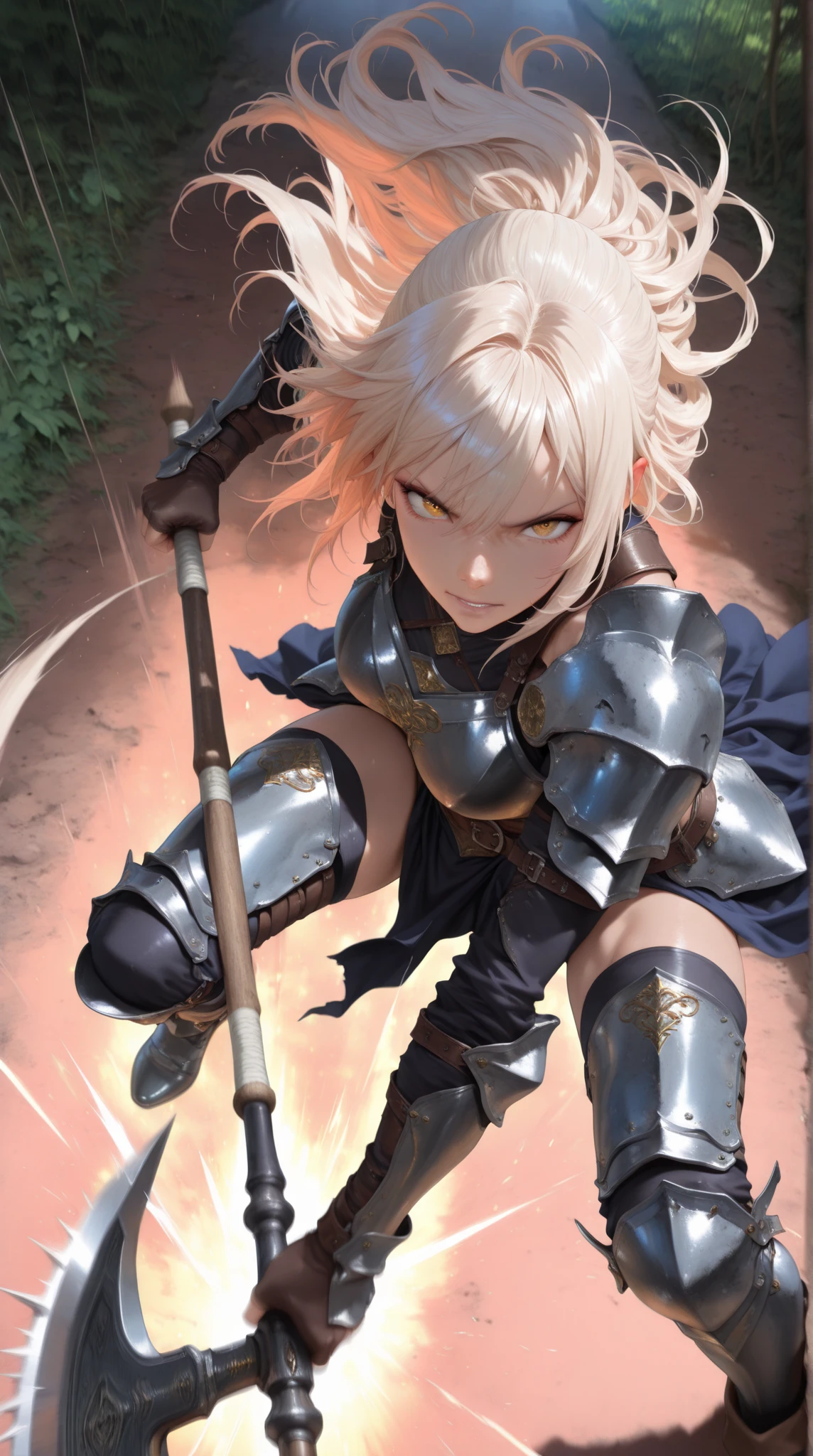 cinematic, (masterpiece), (best quality), (ultra-detailed), very aesthetic, illustration, realistic illustration, perfect composition, intricate details, absurdres, (anime, masterpiece, intricate:1.3), (best quality, hires textures, high detail:1.2), (4k),(incredibly detailed:1.4), A strong female warrior swings down a pole axe from above、dynamic motion,motion blur, dramatic action pose, female warrior, muscular, fierce expression, detailed face, intricate weapon, environmental background, dark gritty fantasy, epic scene, professional illustration, highly detailed, 8K, photorealistic, dramatic lighting, rich colors, cinematic